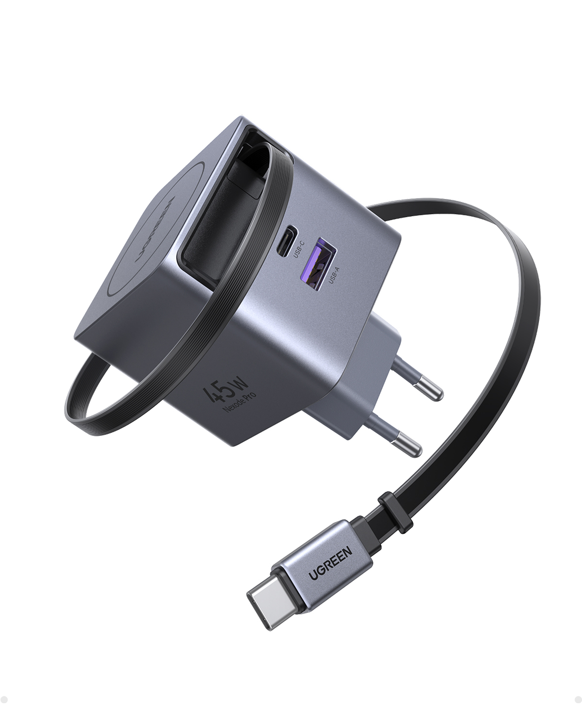 USB-C ve USB-A portlu gri UGREEN 45W şarj cihazı, kablolu.