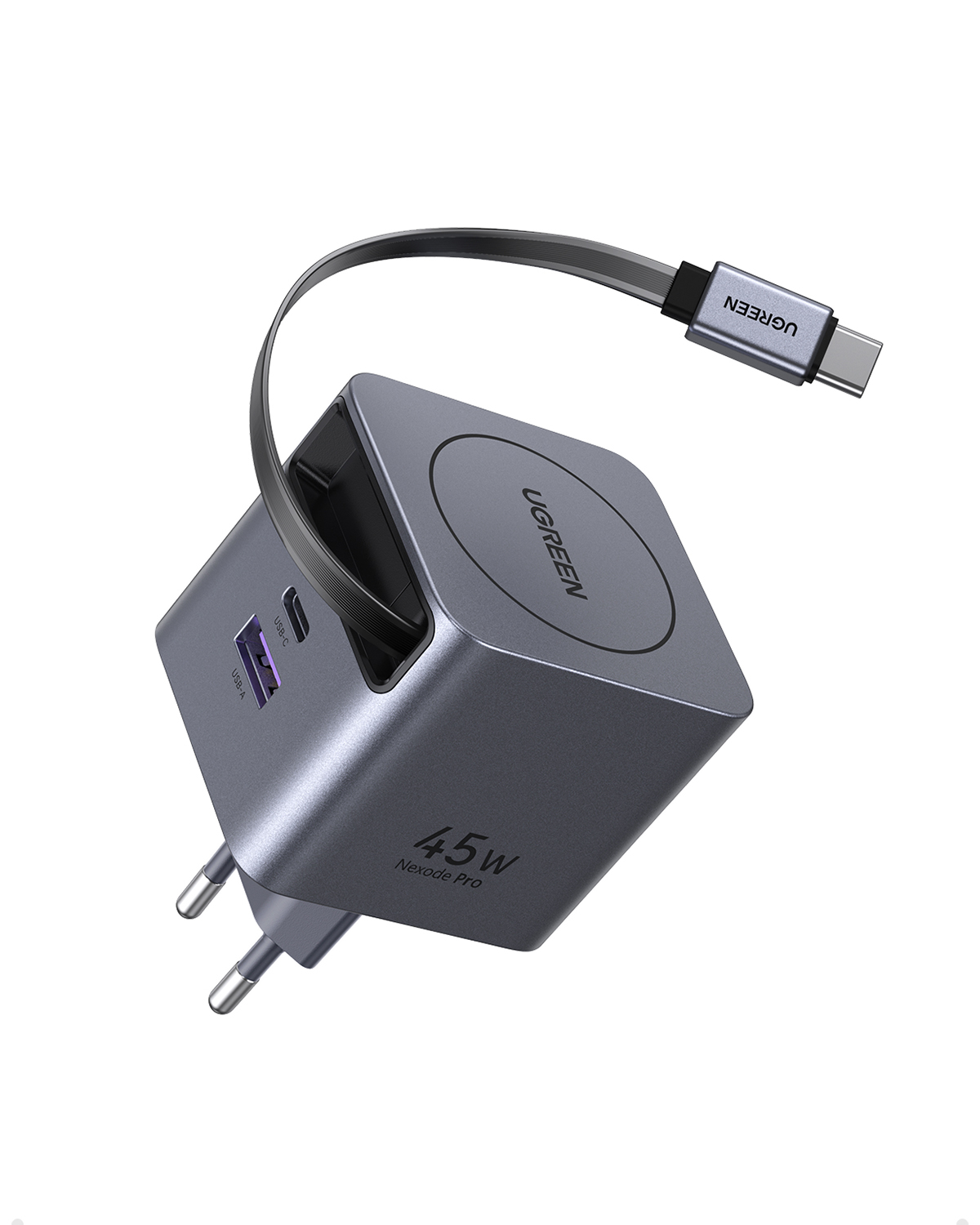 USB-C ve USB-A portlu gri UGREEN 45W Nexode Pro şarj cihazı ve USB-C kablosu.