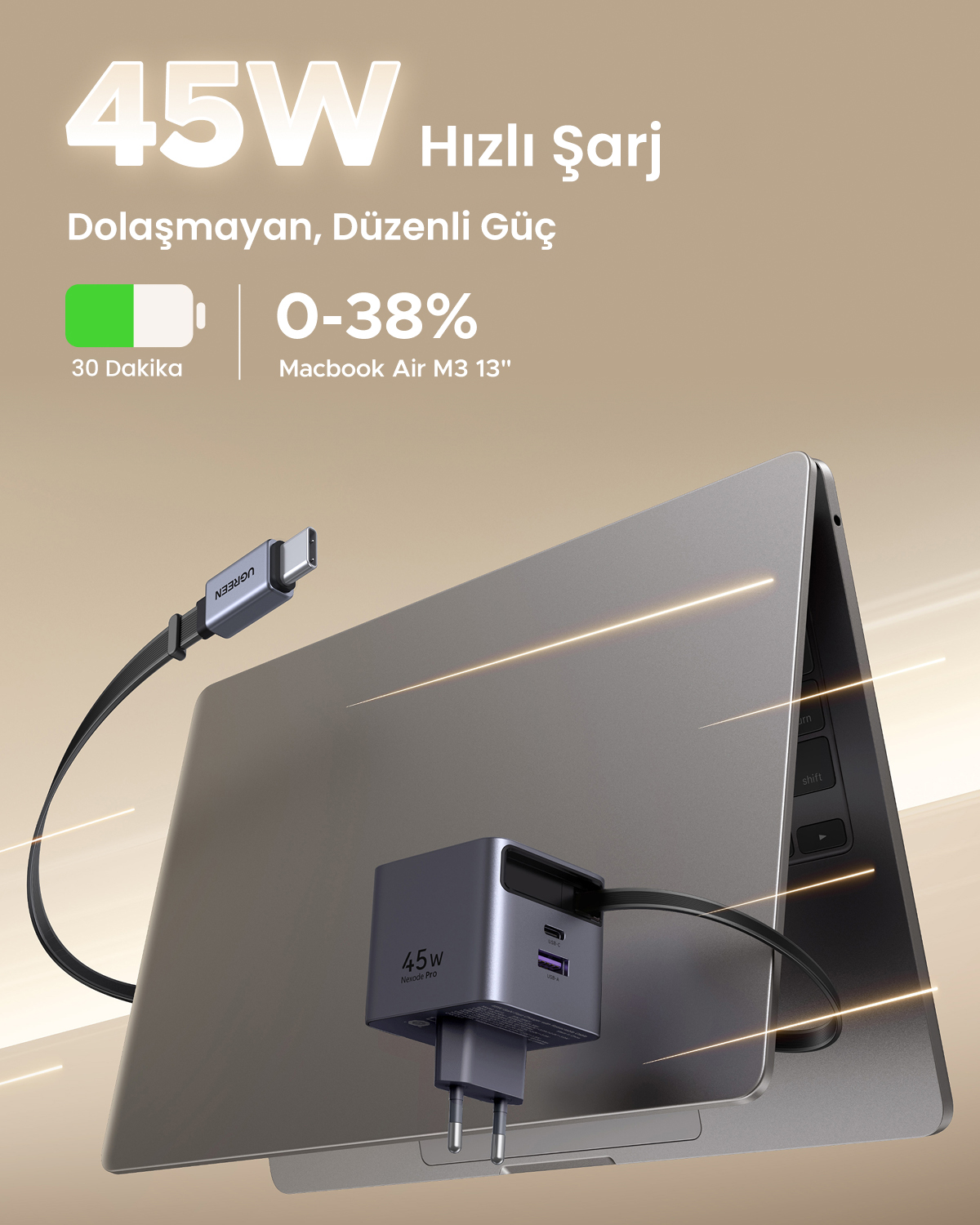 45W şarj cihazı, MacBook Air M3 13"'ü 30 dakikada %0-38 şarj eder.