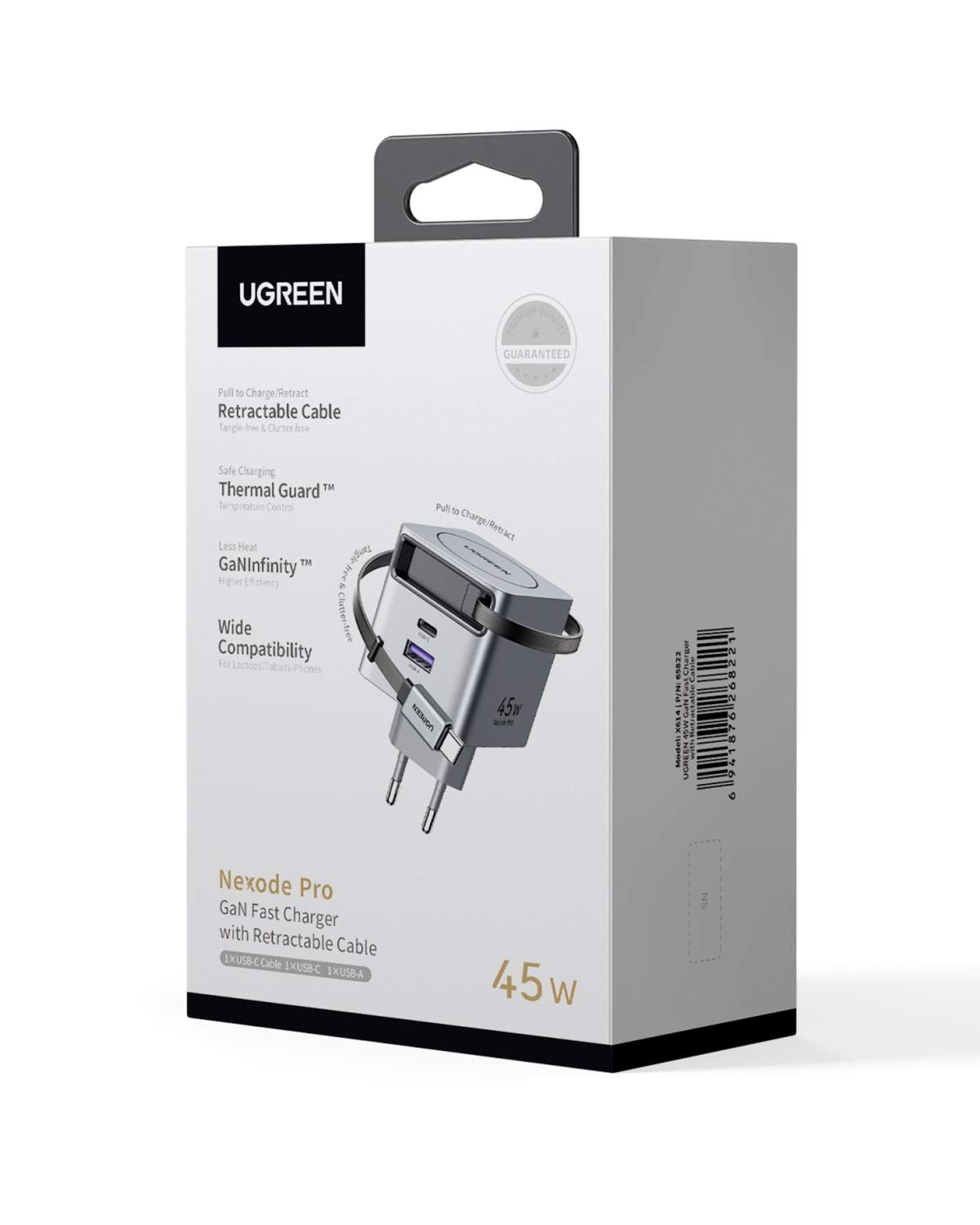 UGREEN 45W şarj cihazı, geri çekilebilir kablolu, gümüş, 2x USB-C, 1x USB-A.