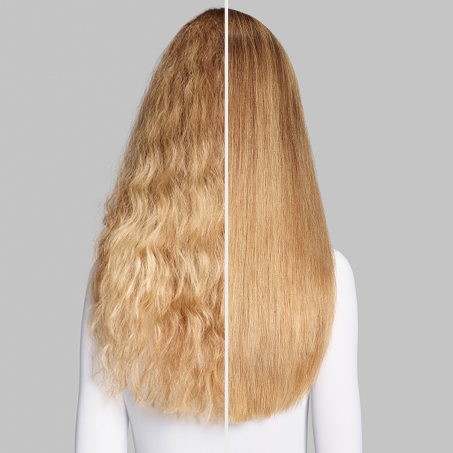 Before and after hair comparison: frizzy left, smooth right.