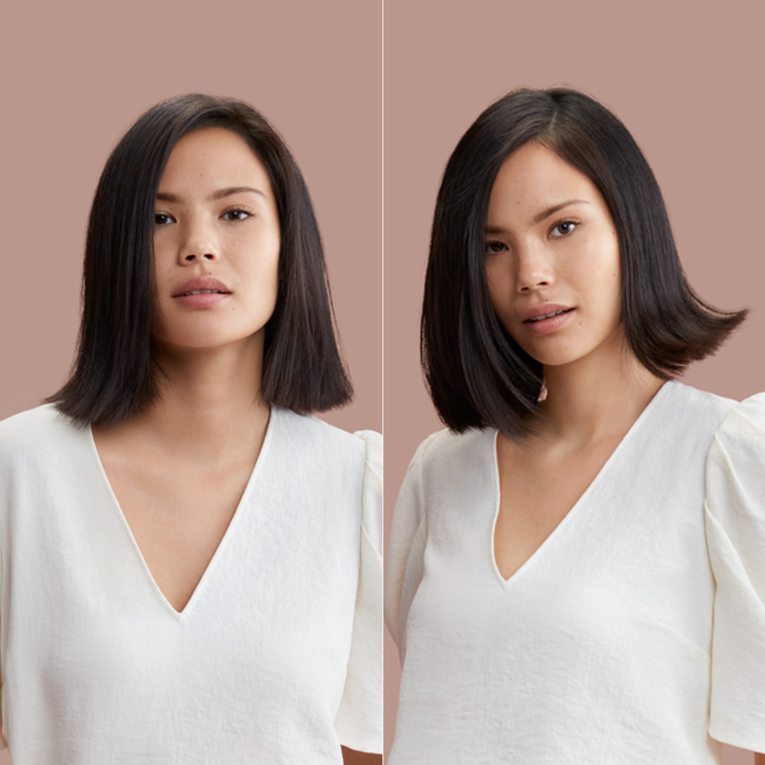 Woman with straight and styled shoulder-length hair against a pink background.