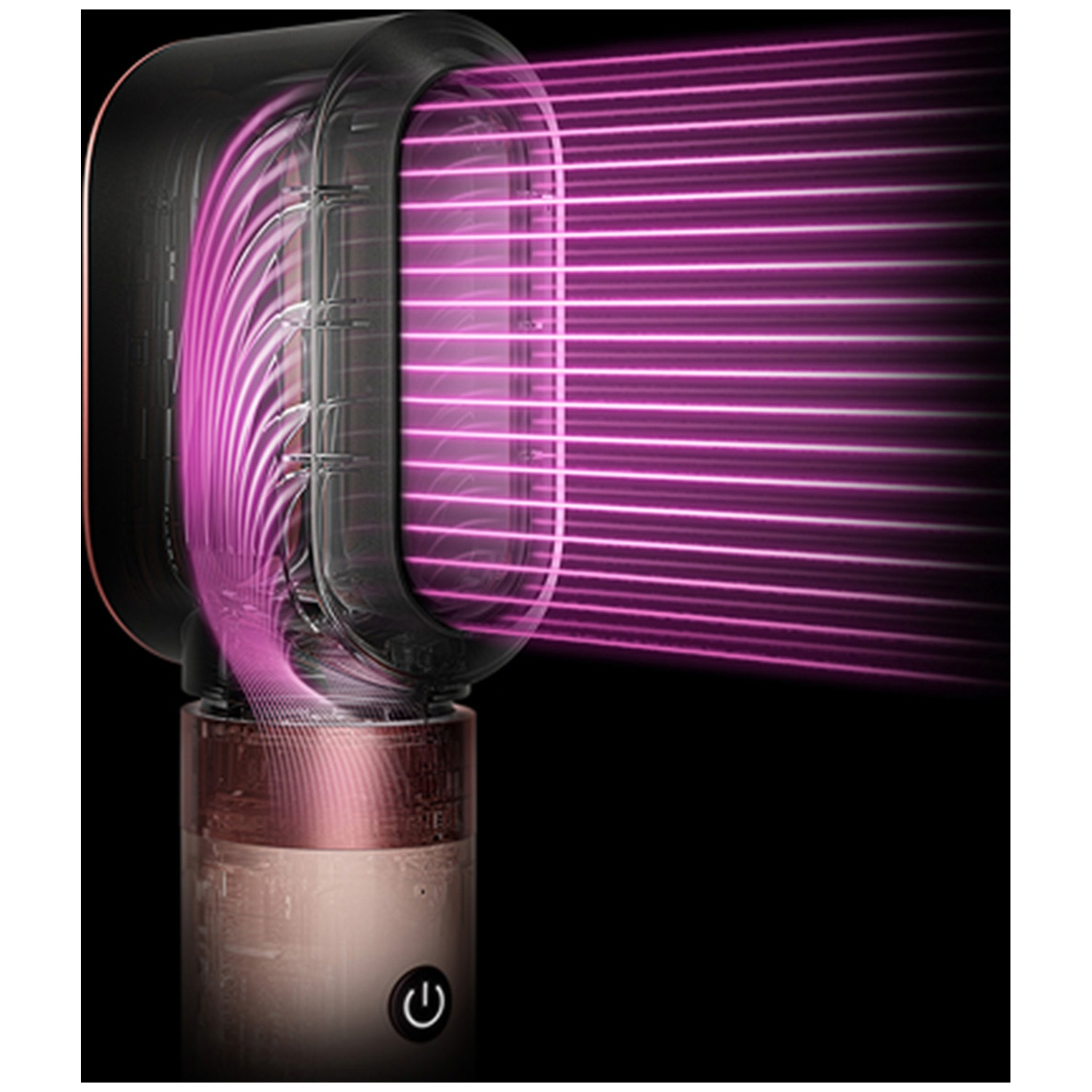 A modern hair dryer with pink airflow.