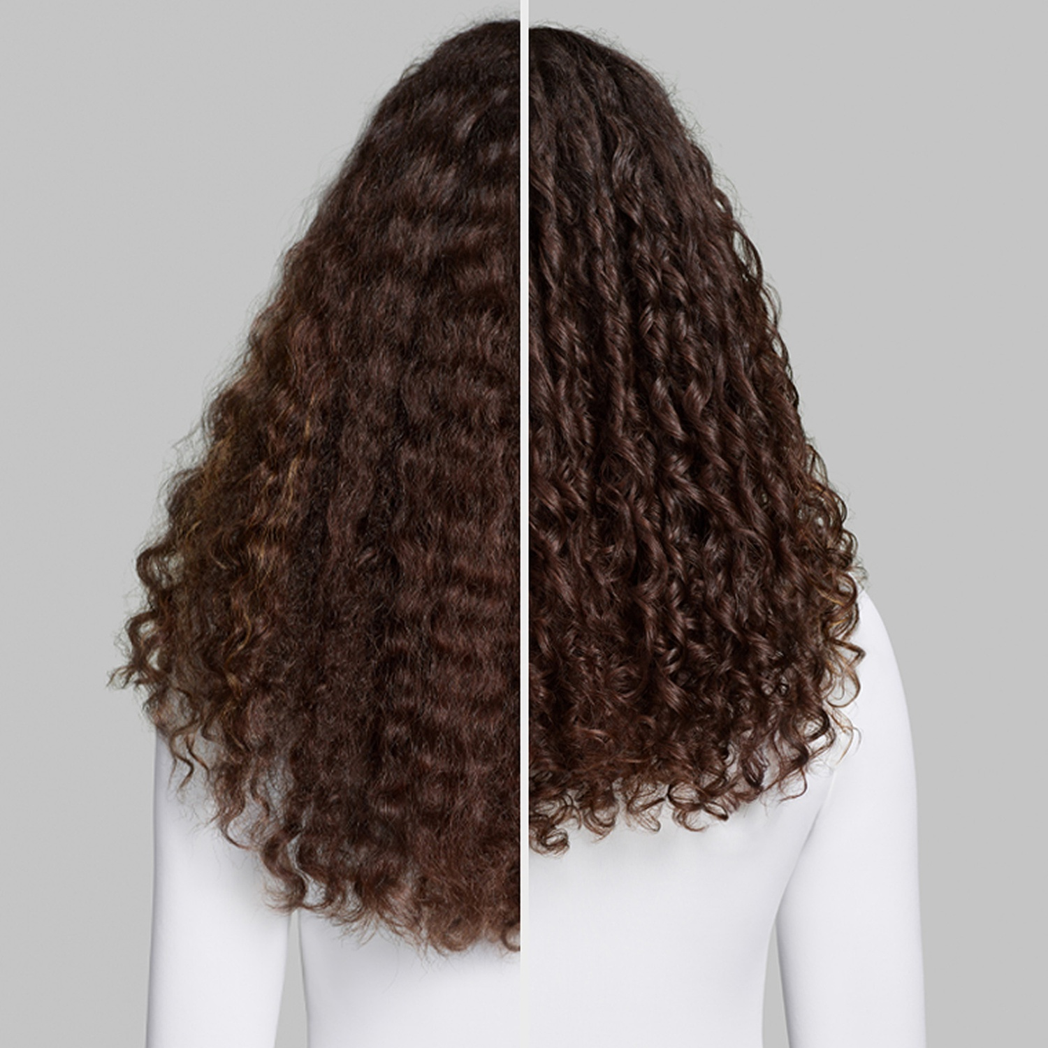 Before-and-after comparison of brown, curly hair against a gray background.