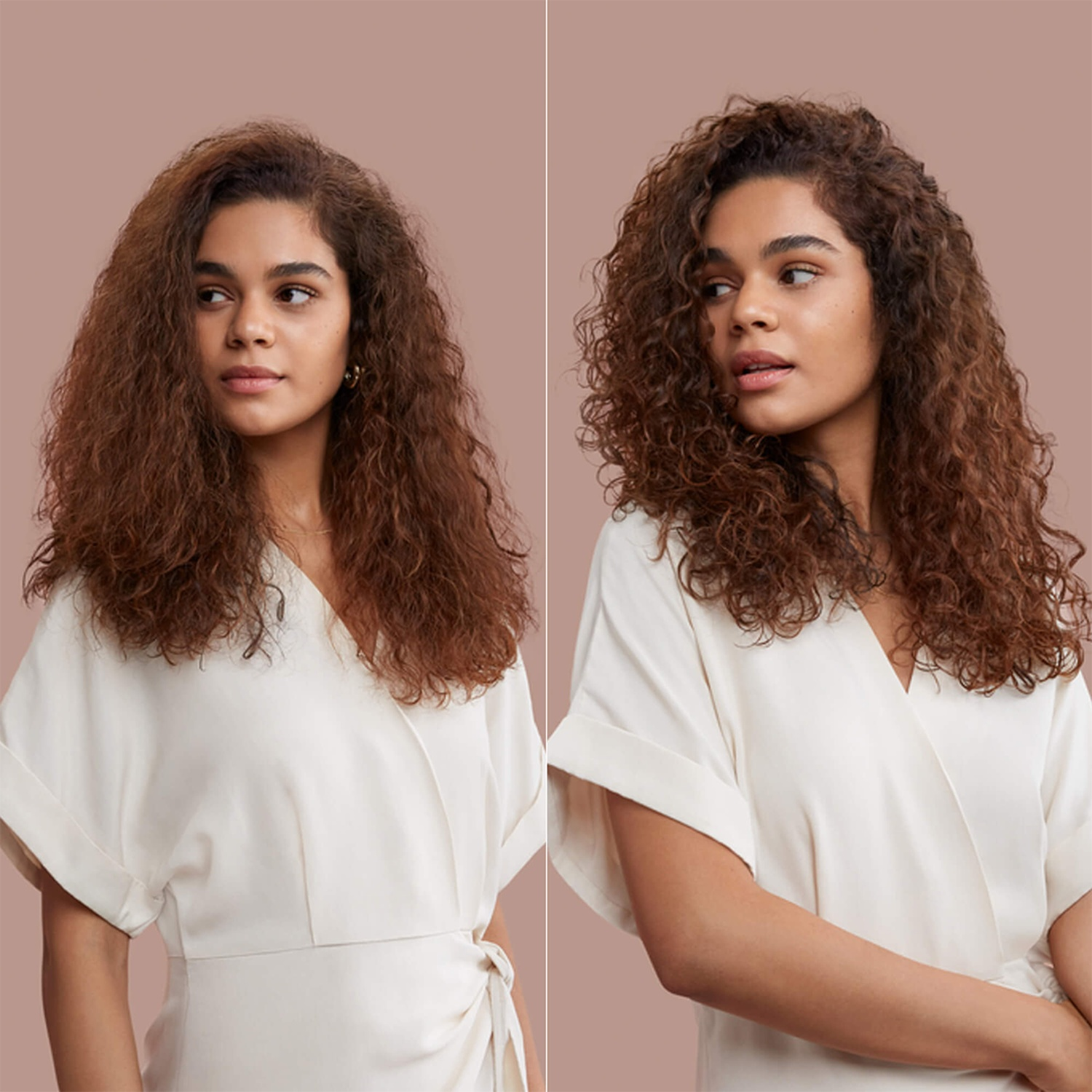 Before and after split image of a woman with curly hair in a white dress.