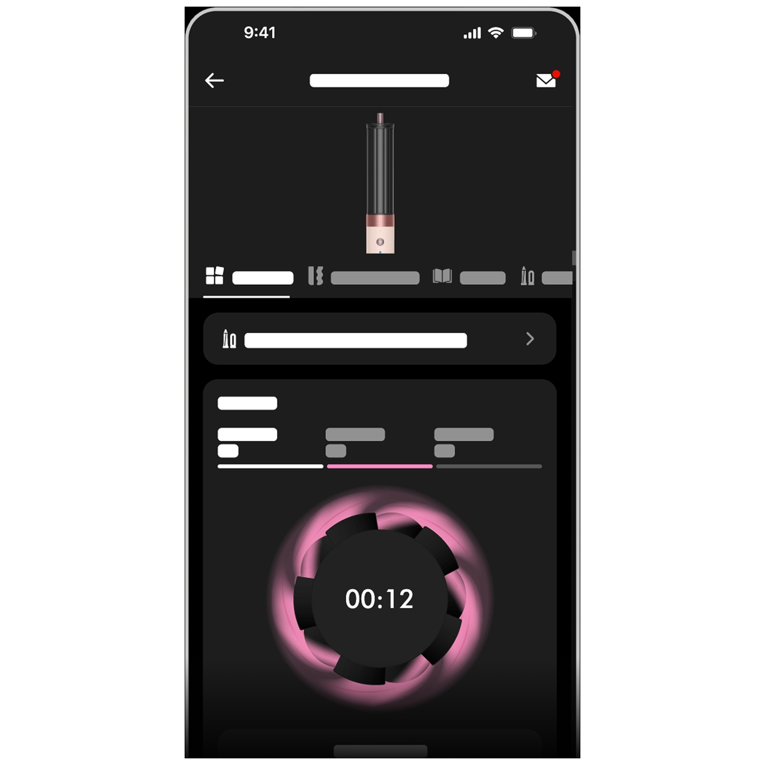 App interface showing a curling iron and a 00:12 timer.
