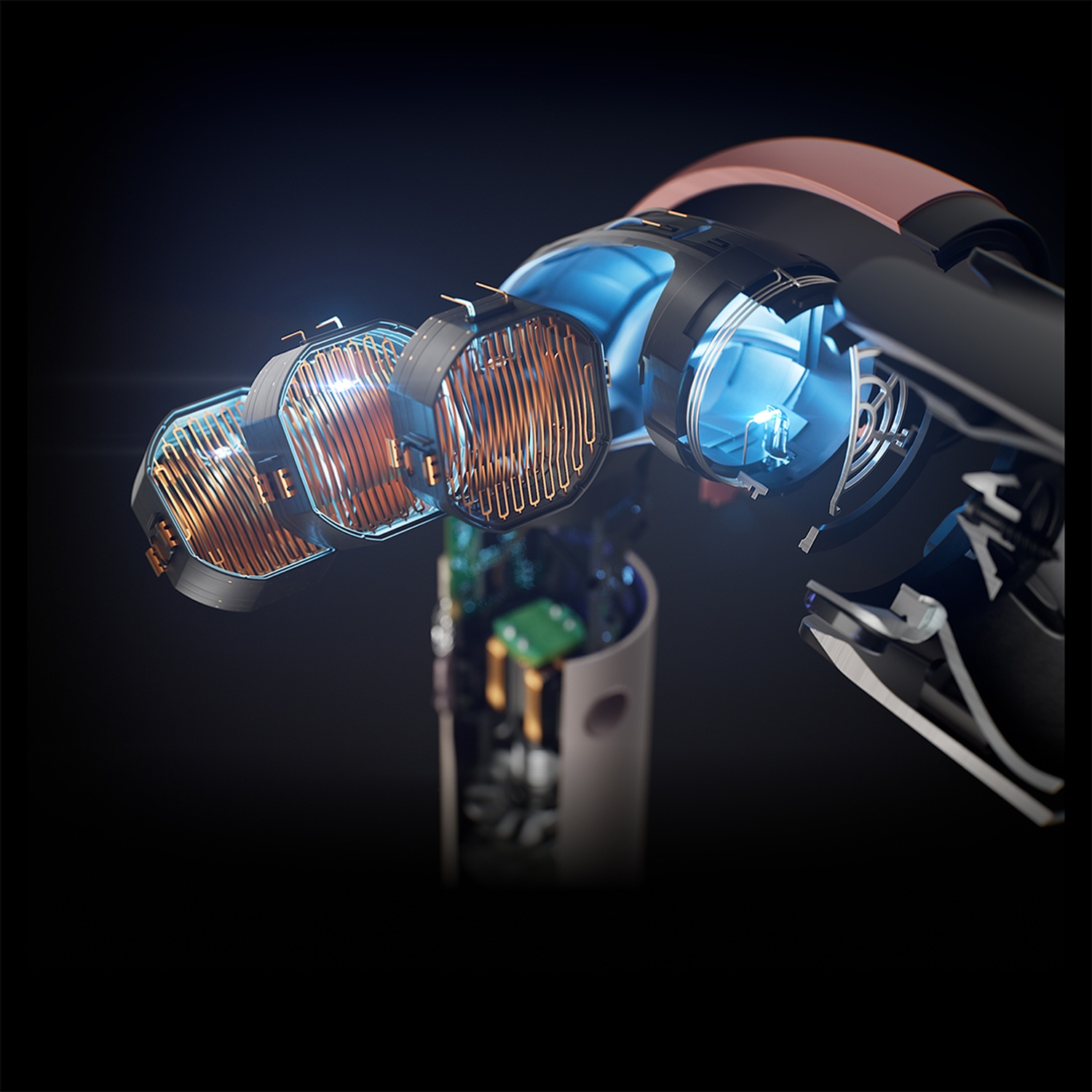 Exploded view of a hairdryer showing copper heating elements and blue interior lights.