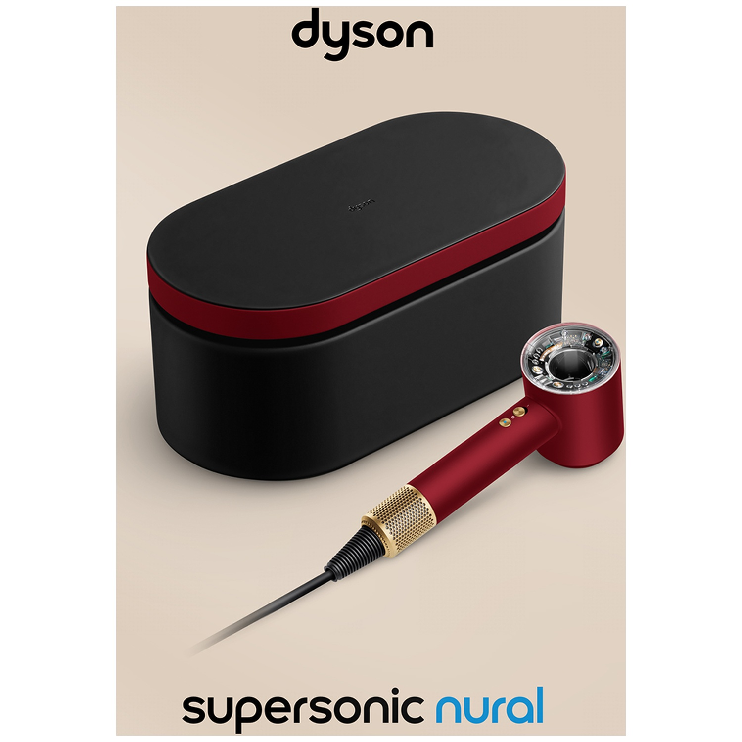 A red Dyson hair dryer with gold accents and a black storage case.