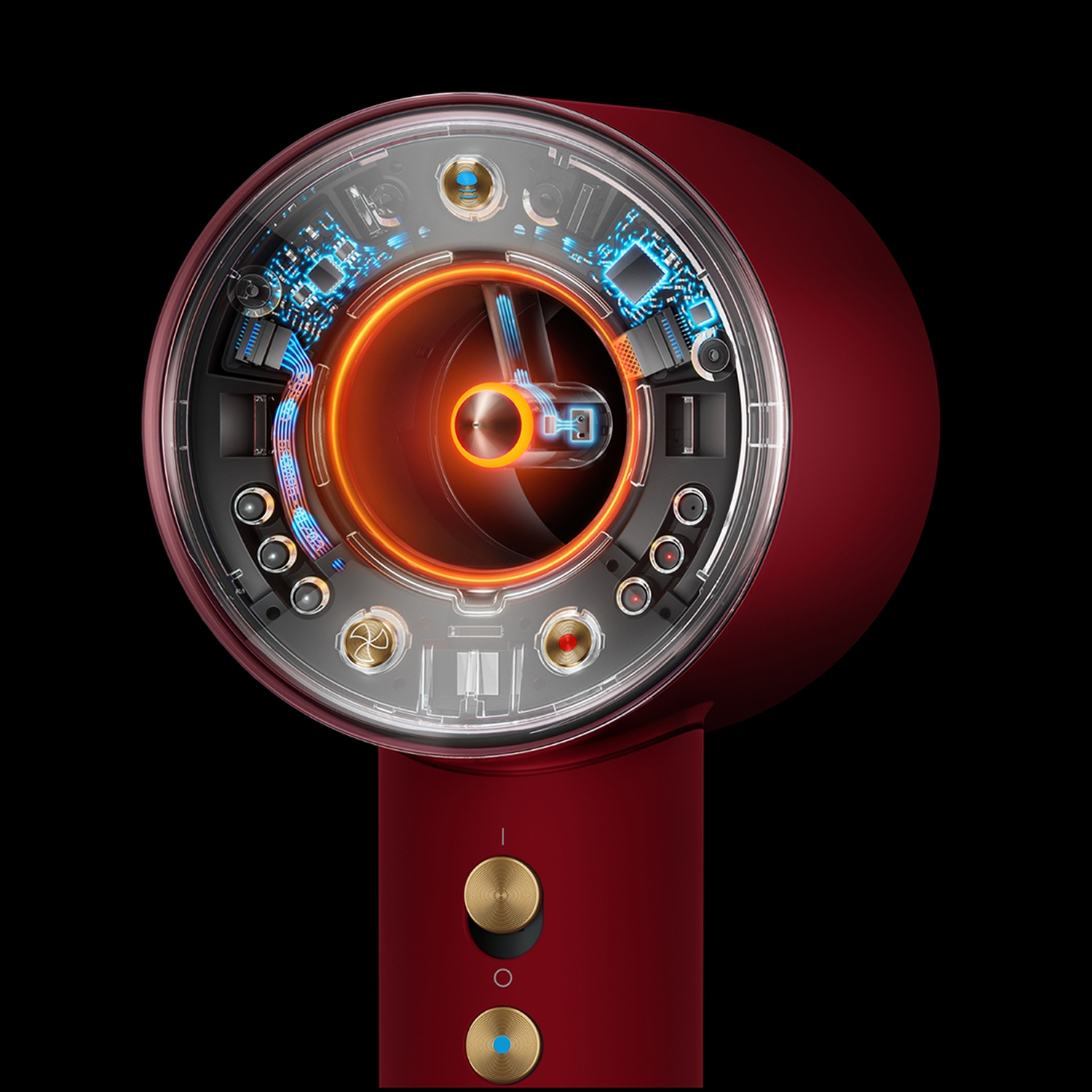 Red hairdryer with transparent head showing internal mechanics.