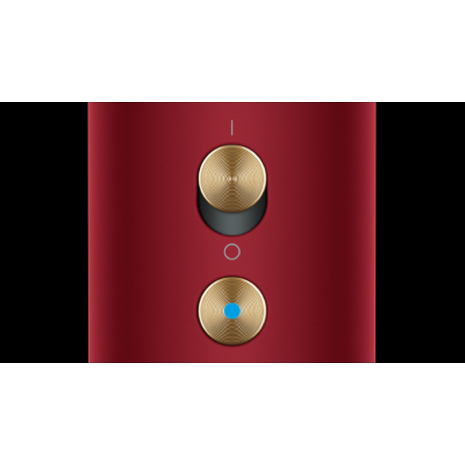 Red metallic body with two gold knobs and blue accent lighting.