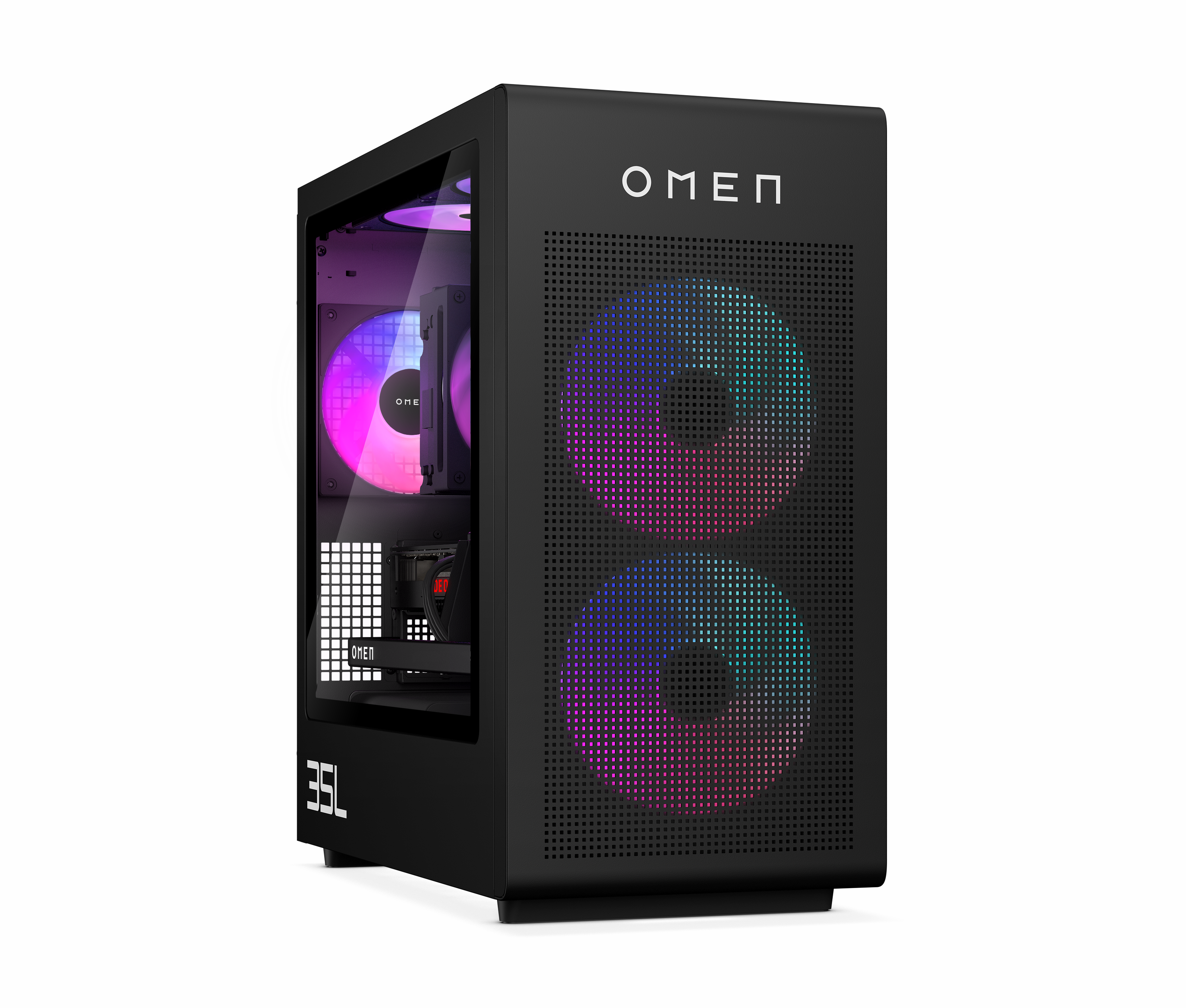Ein schwarzer OMEN PC mit RGB-Lüftern und Glasfenster.