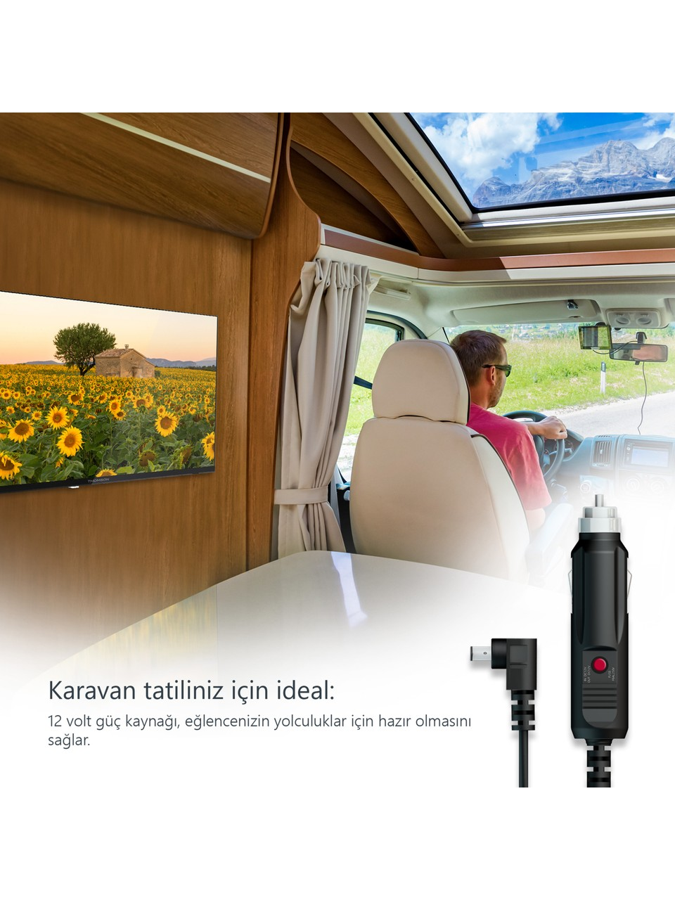 Adam karavanda, TV ayçiçeği tarlası gösteriyor. 12V adaptör.