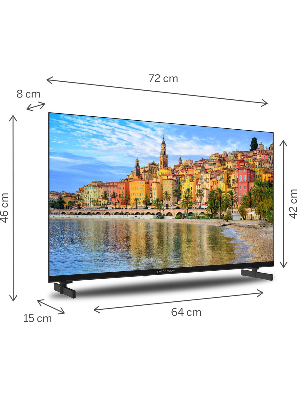 İtalyan sahil kasabası görüntülü düz ekran TV. Boyutlar belirtilmiş.