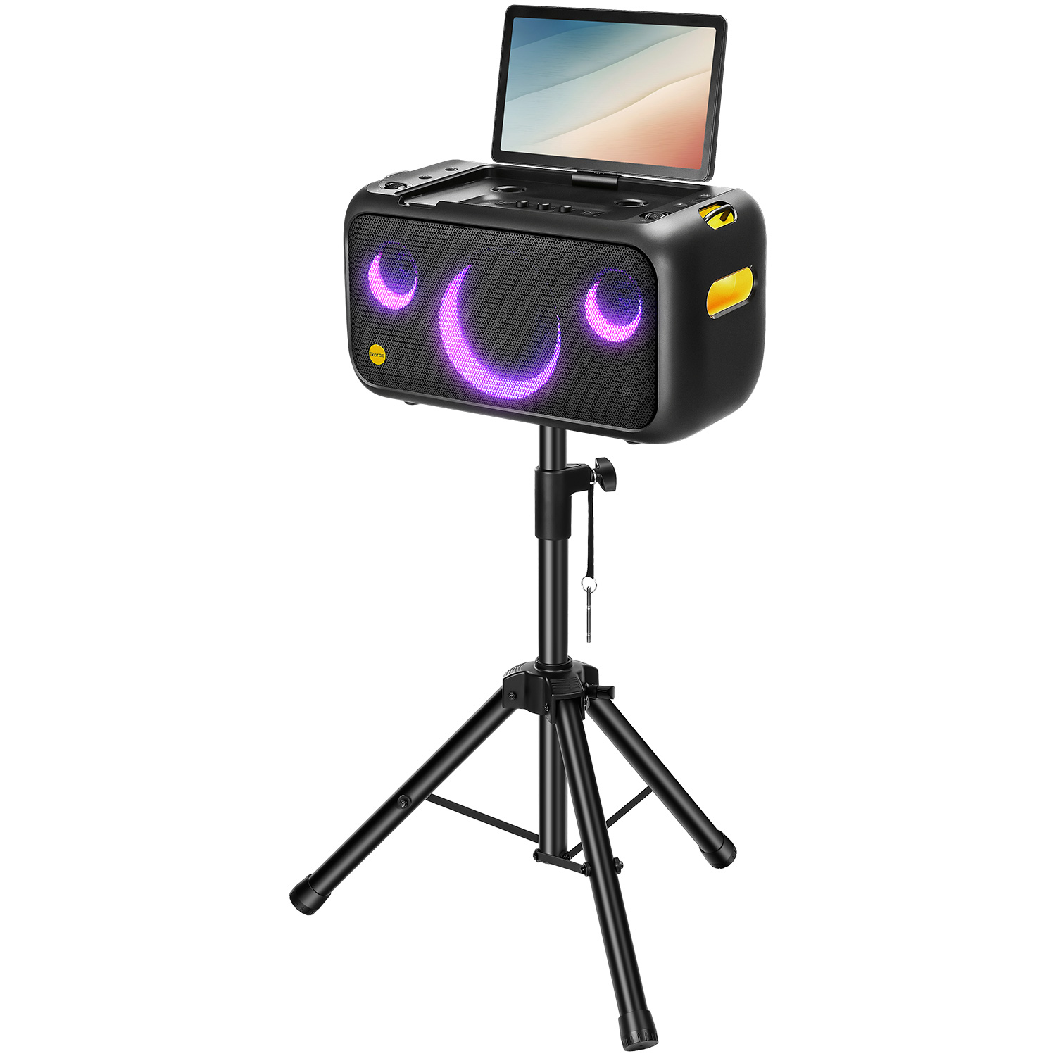 Mor ışıklı siyah hoparlör, tablet tutan bir tripod üzerinde.