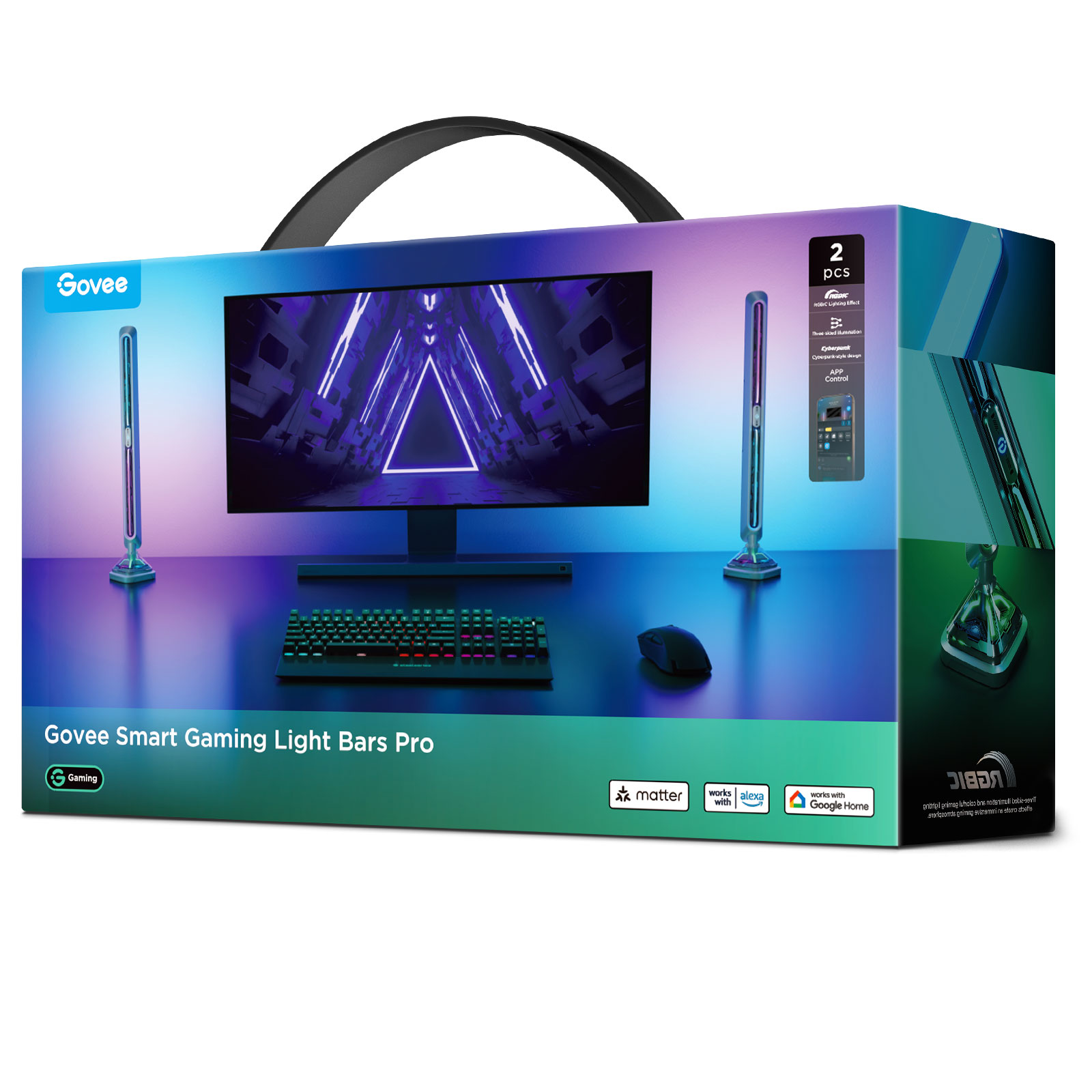 Govee Smart Gaming Light Bars Pro paketi; monitör, klavye ve fare içerir.