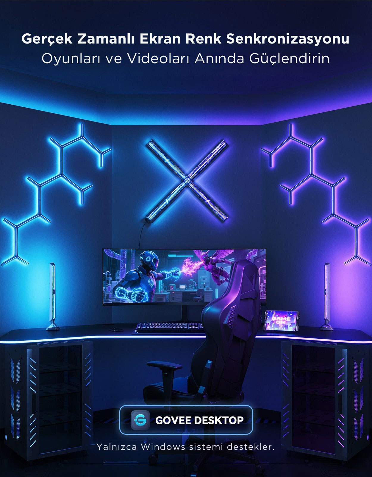 Masa, sandalye, monitör, klavye ve neon aydınlatmalı oyun kurulumu.
