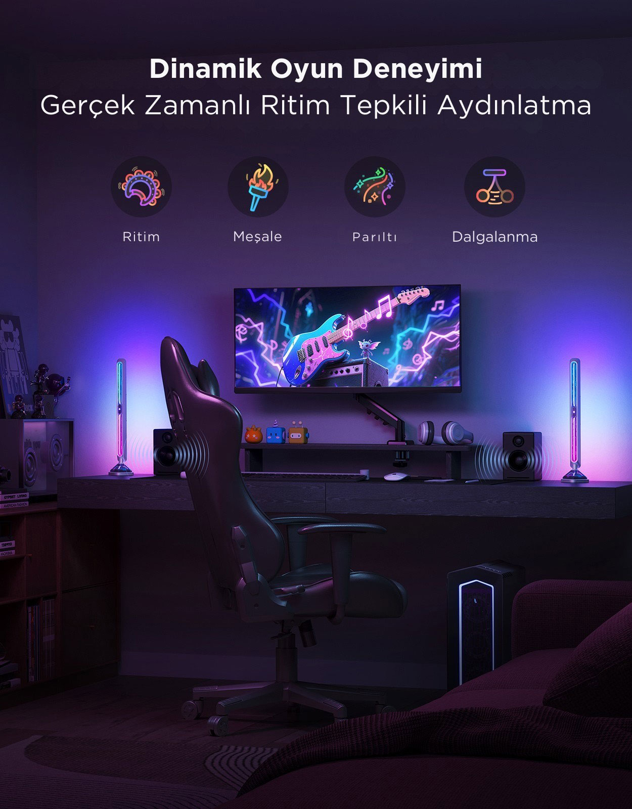 RGB ışıklı oyun kurulumu, gitar monitörü ve oyuncu koltuğu.