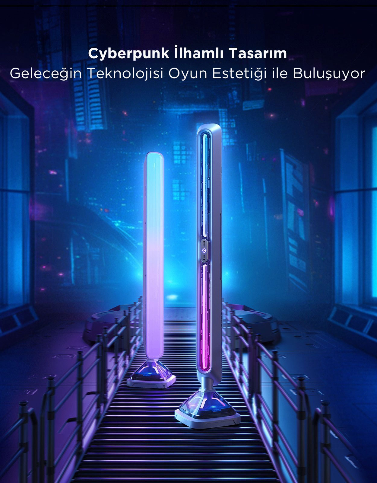 Şehir arka planlı metal yüzeyde duran iki fütüristik lamba.