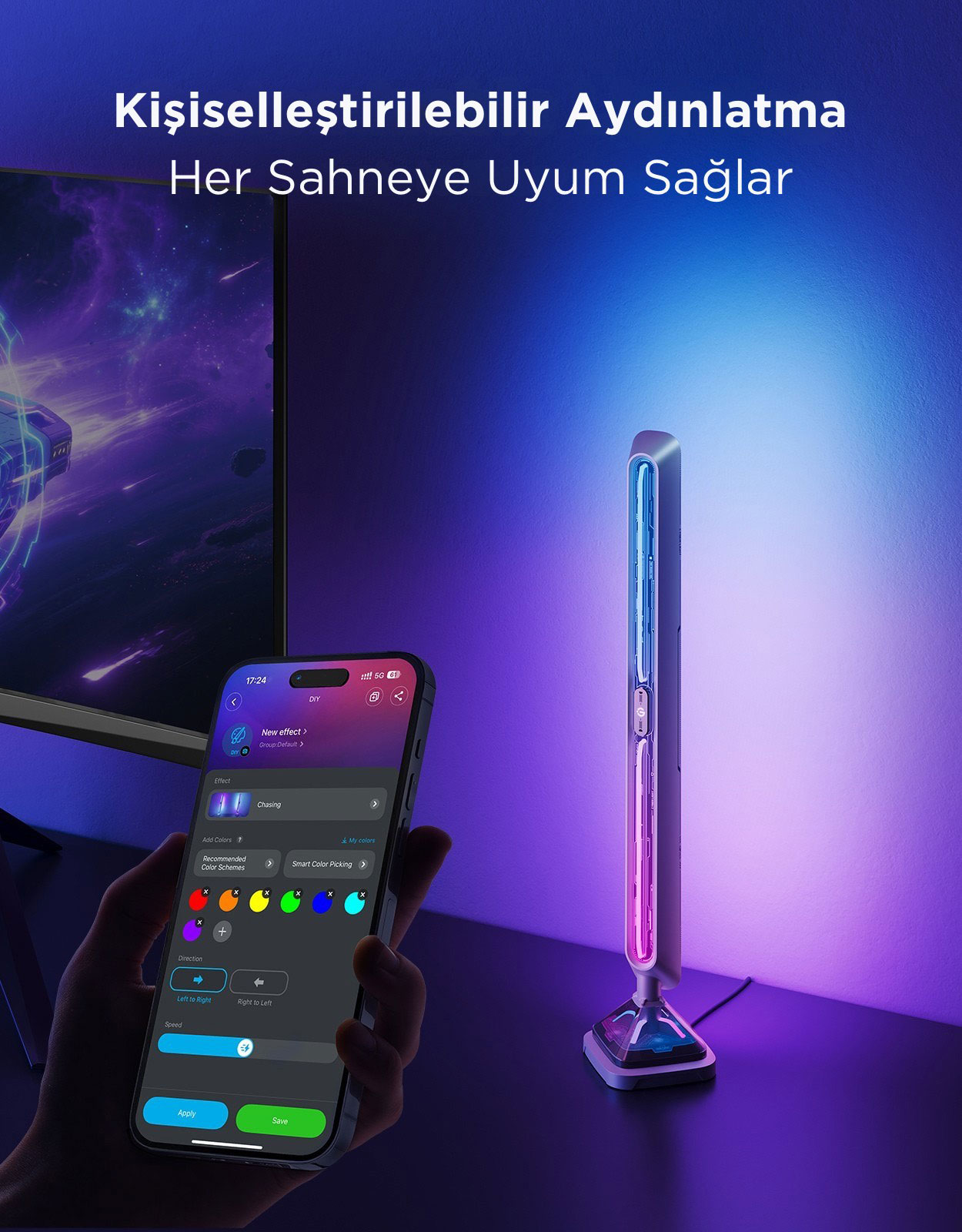 Bir el, ışık kontrol uygulamalı akıllı telefon tutuyor; yanında bir lamba duruyor.