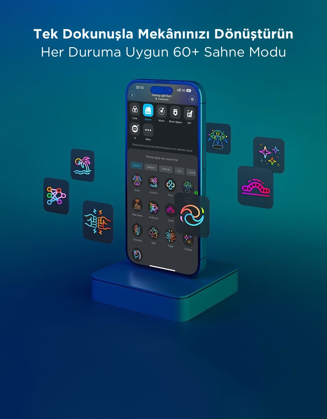 Akıllı telefon, palmiye ve solucan simgeleri dahil çeşitli ışık efektleri ve simgeler gösteriyor.