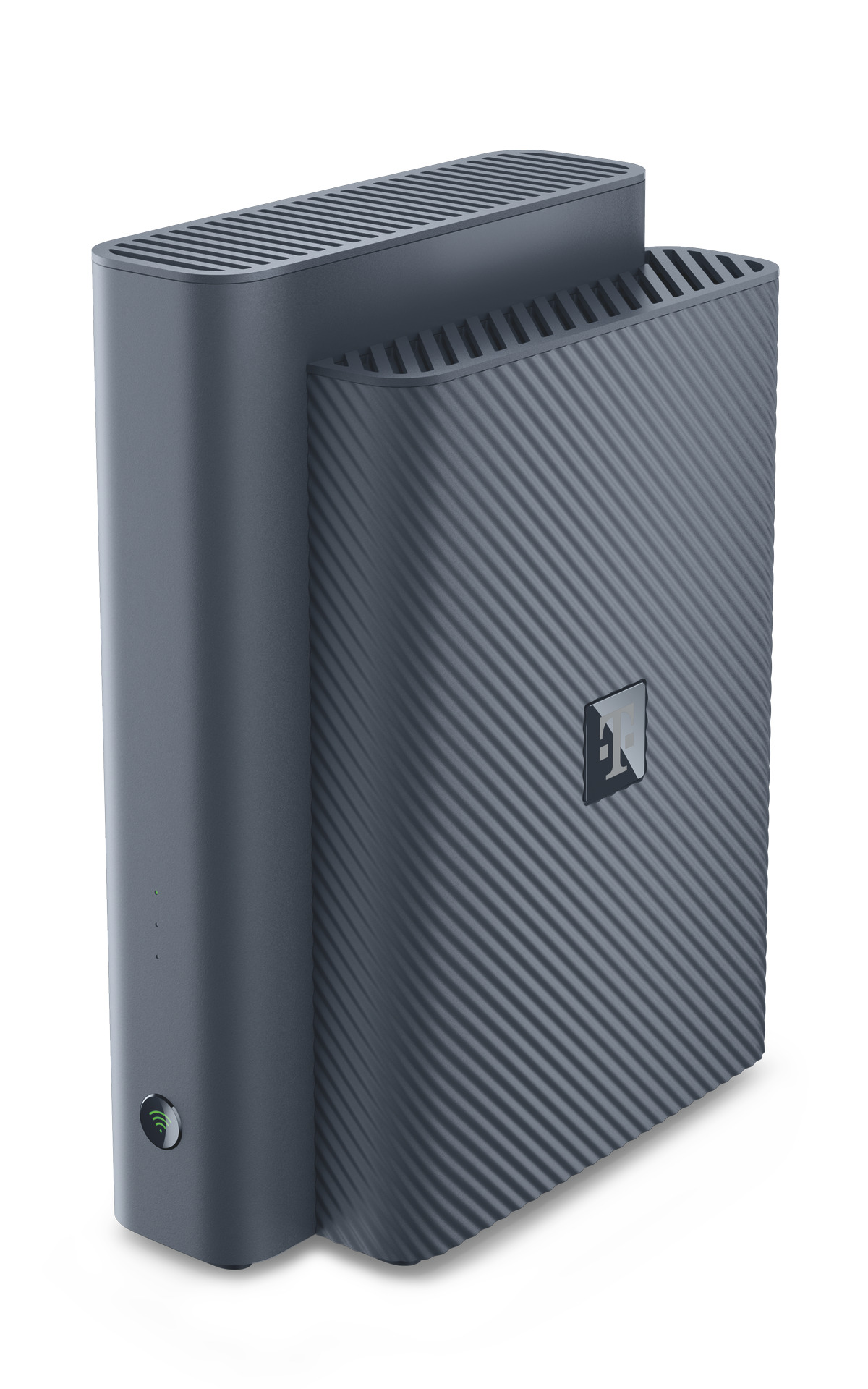Grauer Router mit Lüftungsschlitzen und WLAN-Symbol.
