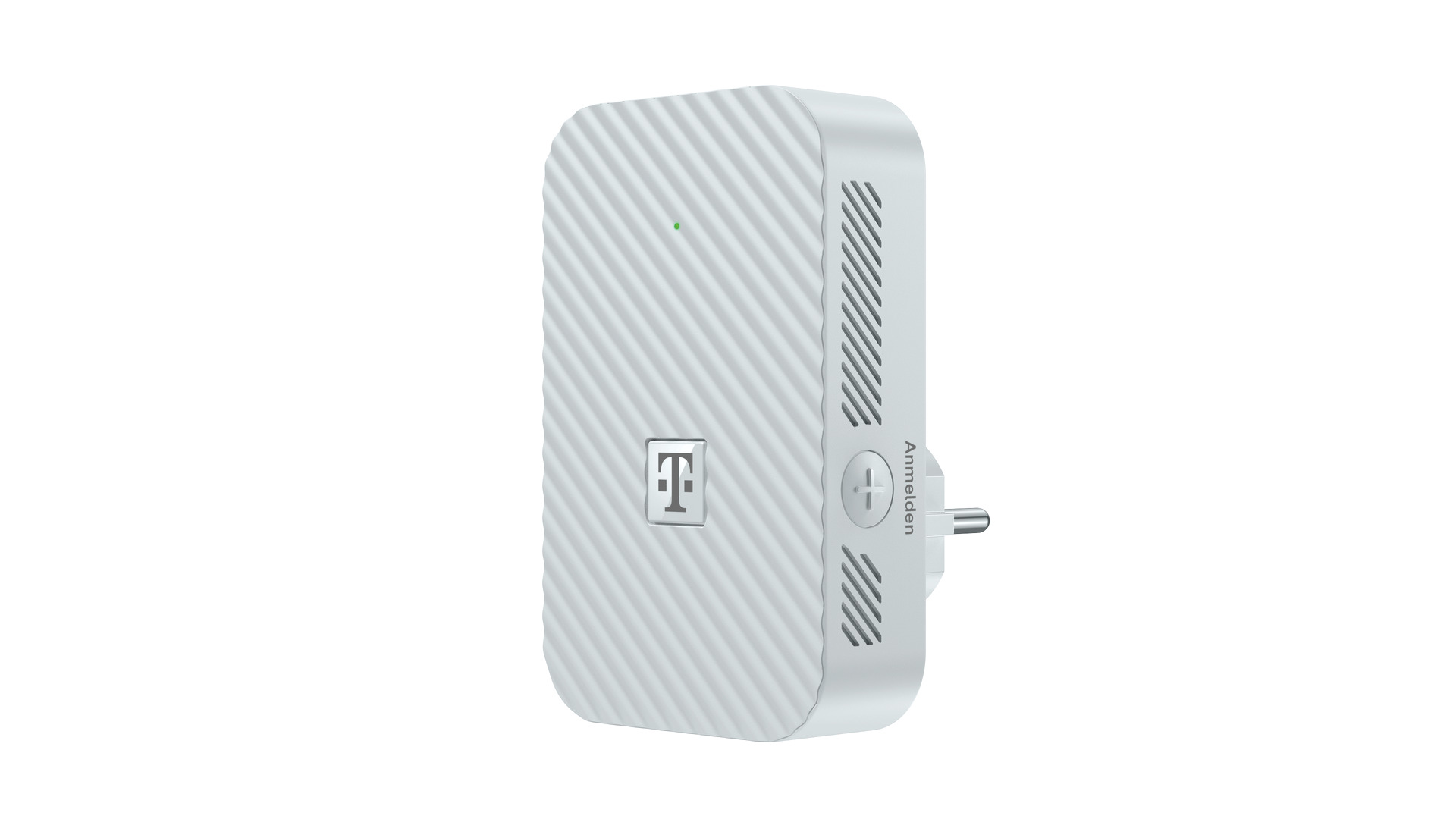 Ein weißer T-Mobile Router mit gerilltem Muster und einem grünen Licht.