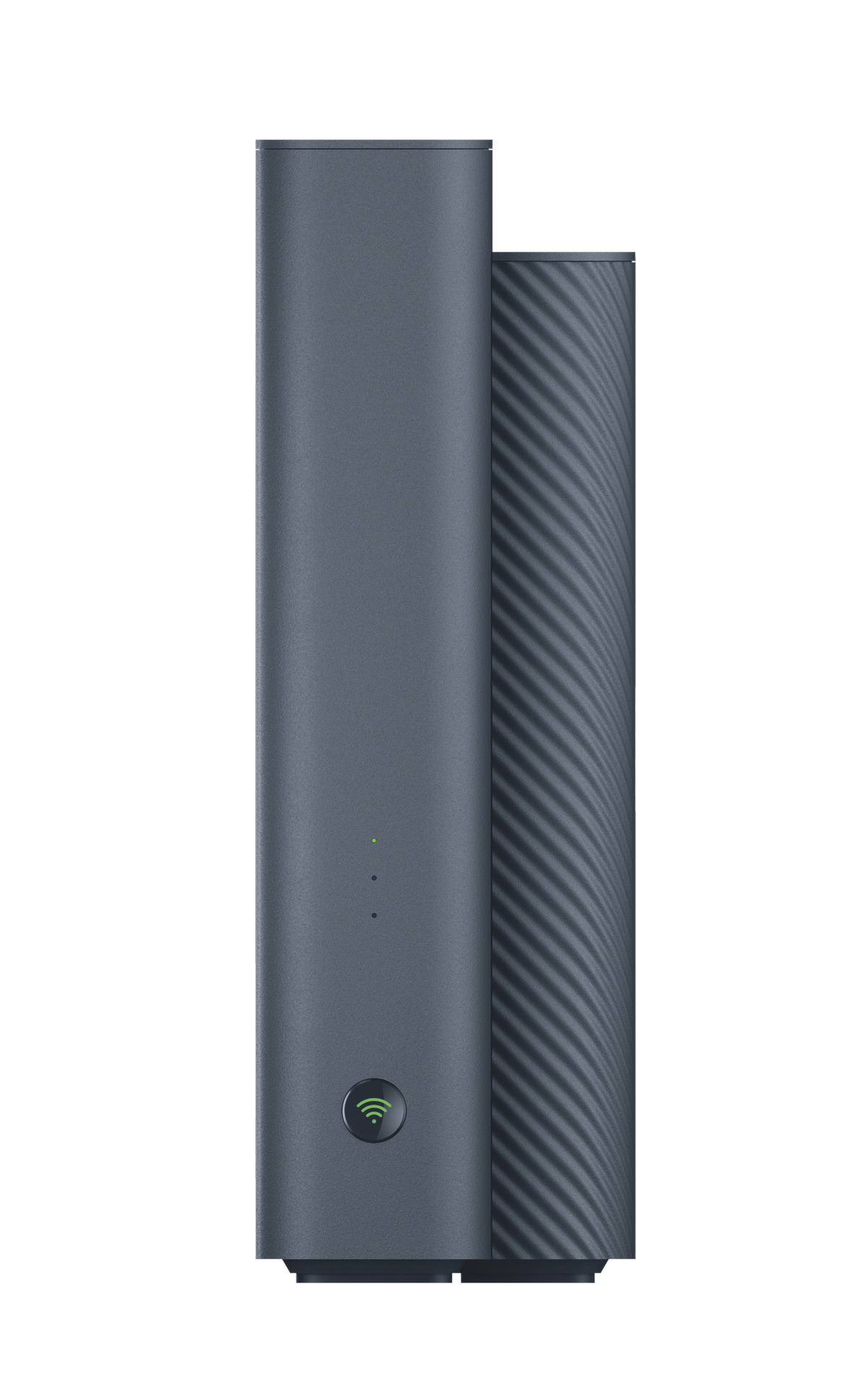 Ein grauer Router mit einem WLAN-Symbol und grünen Lichtern.