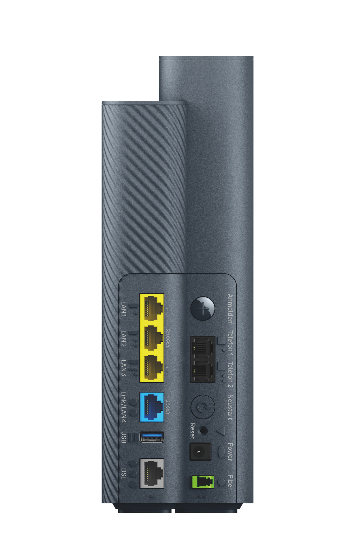 Rückseite eines dunklen Routers mit LAN-, USB-, DSL-, Telefon- und Glasfaseranschlüssen.