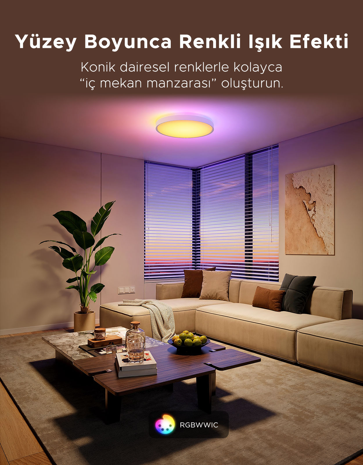 Köşe koltuklu, sehpalı, bitkili salon, tavan lambasıyla aydınlatılmış.