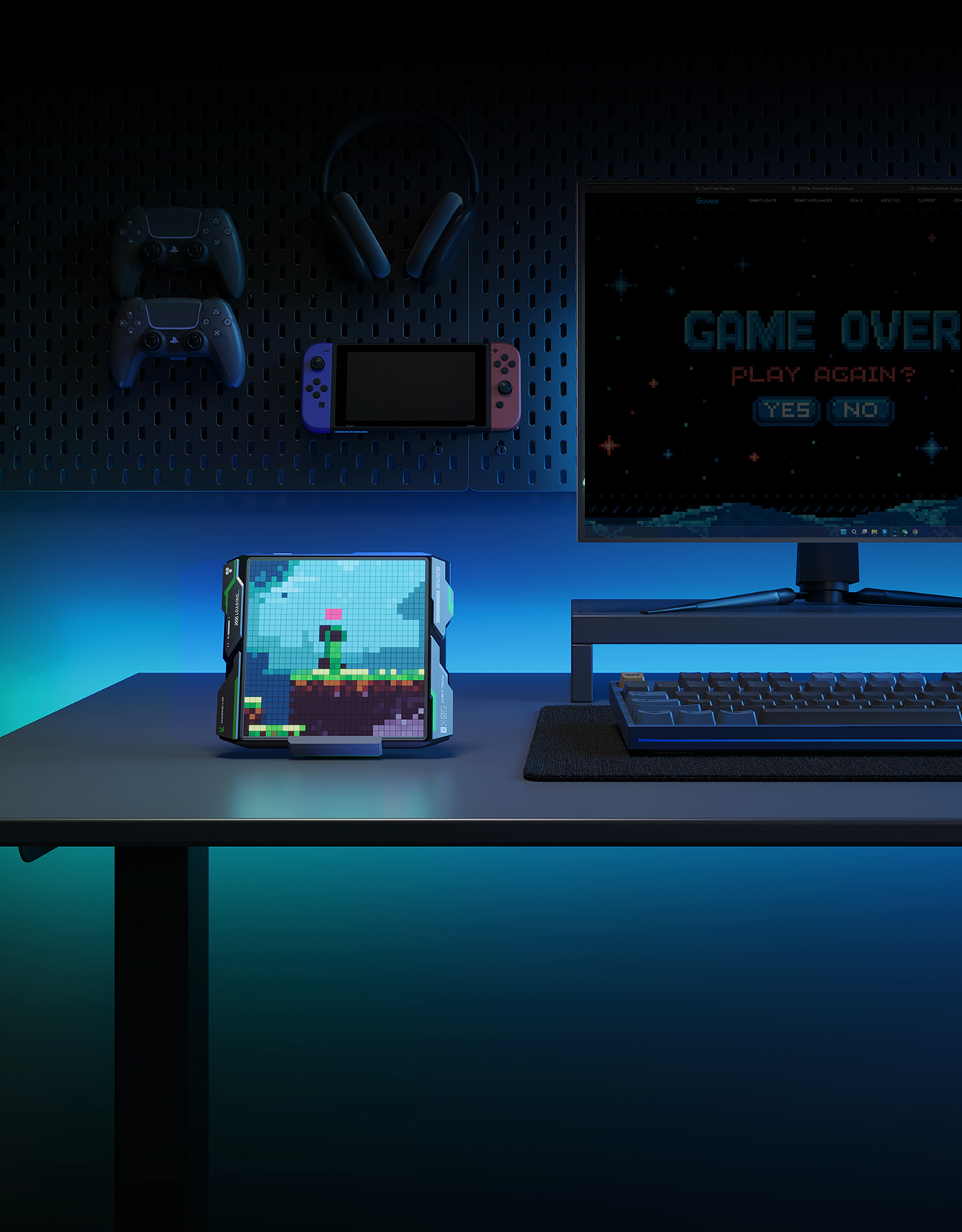Pixel art cihazı, Switch, kontrolcüler, kulaklık ve PC monitörü ile oyun kurulumu.