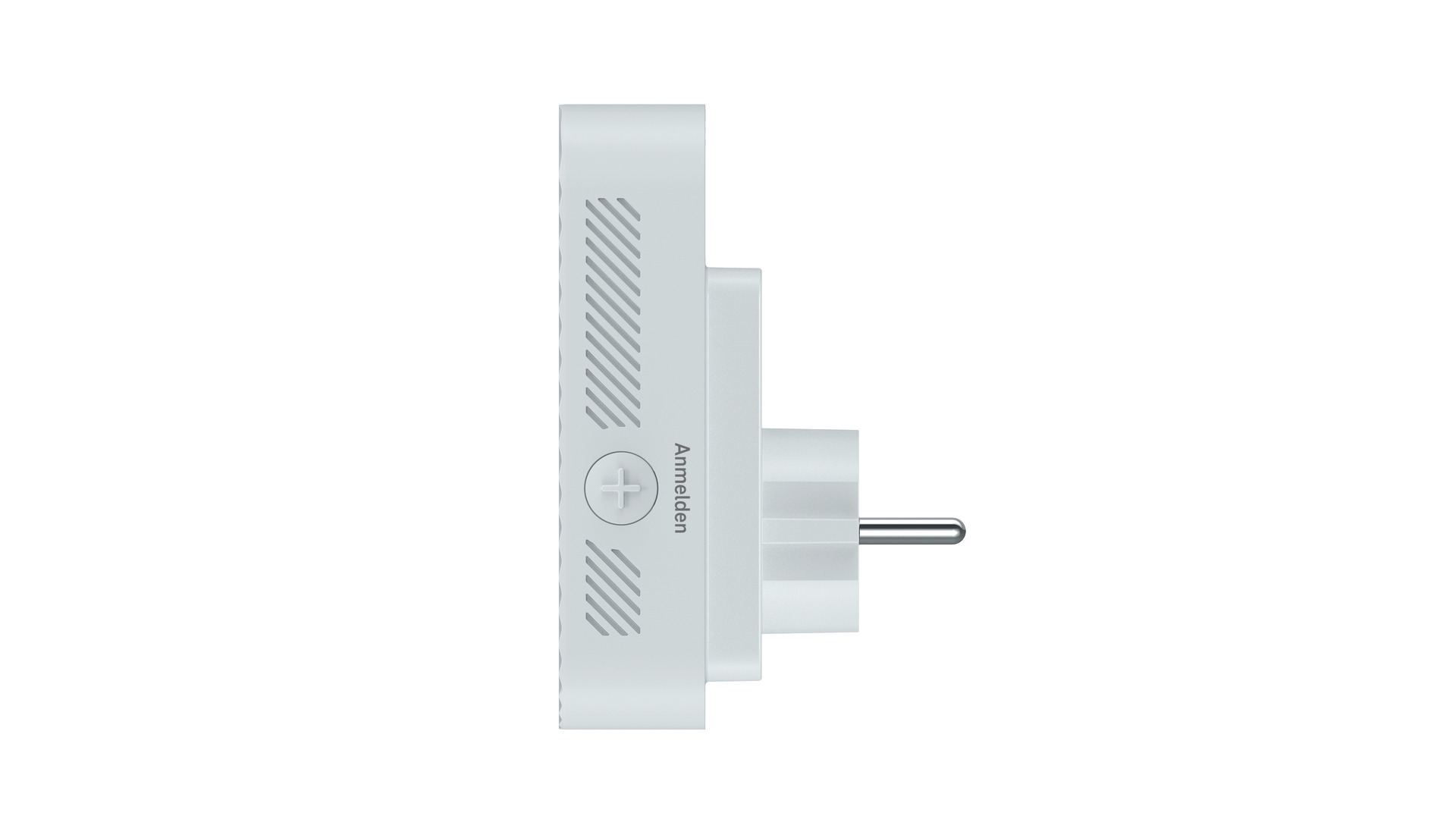 Ein weißer Stecker mit einem Plus-Symbol und Lüftungsschlitzen.