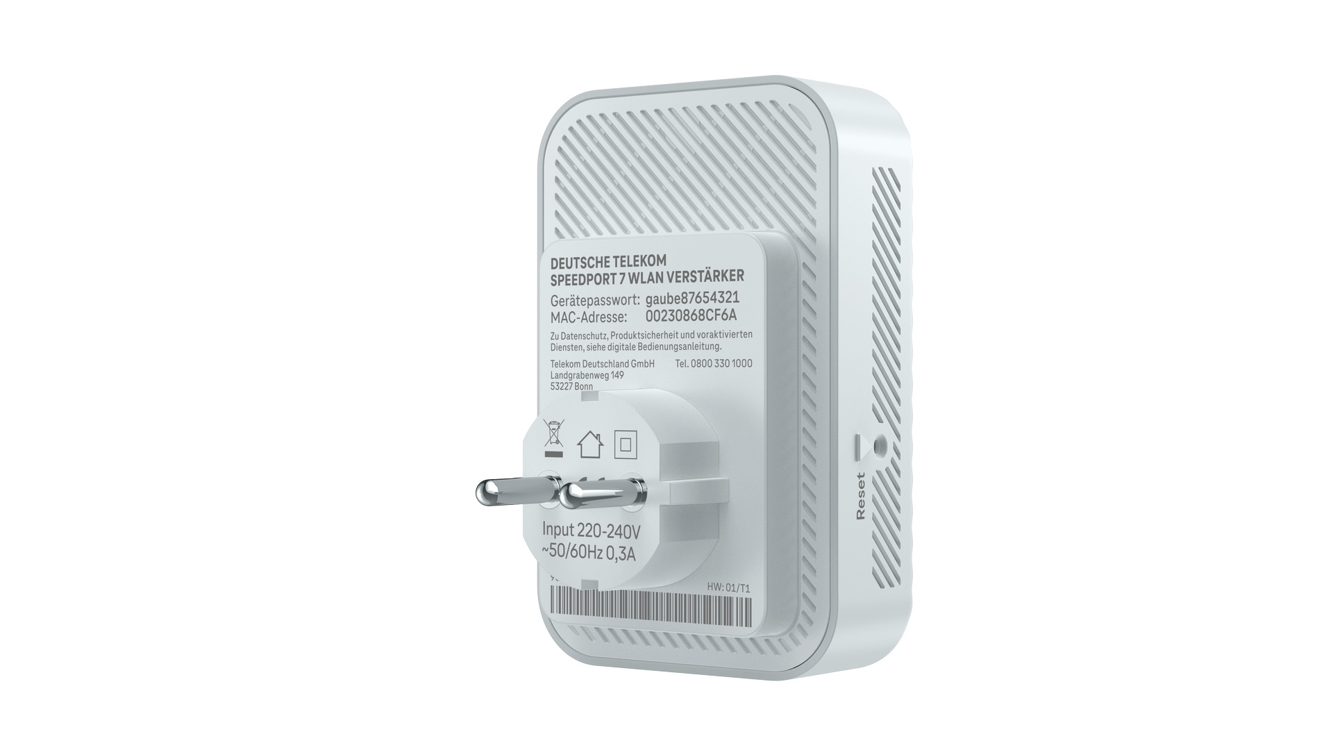 Ein weißer Telekom Speedport 7 WLAN Verstärker mit Netzstecker und Reset-Knopf.