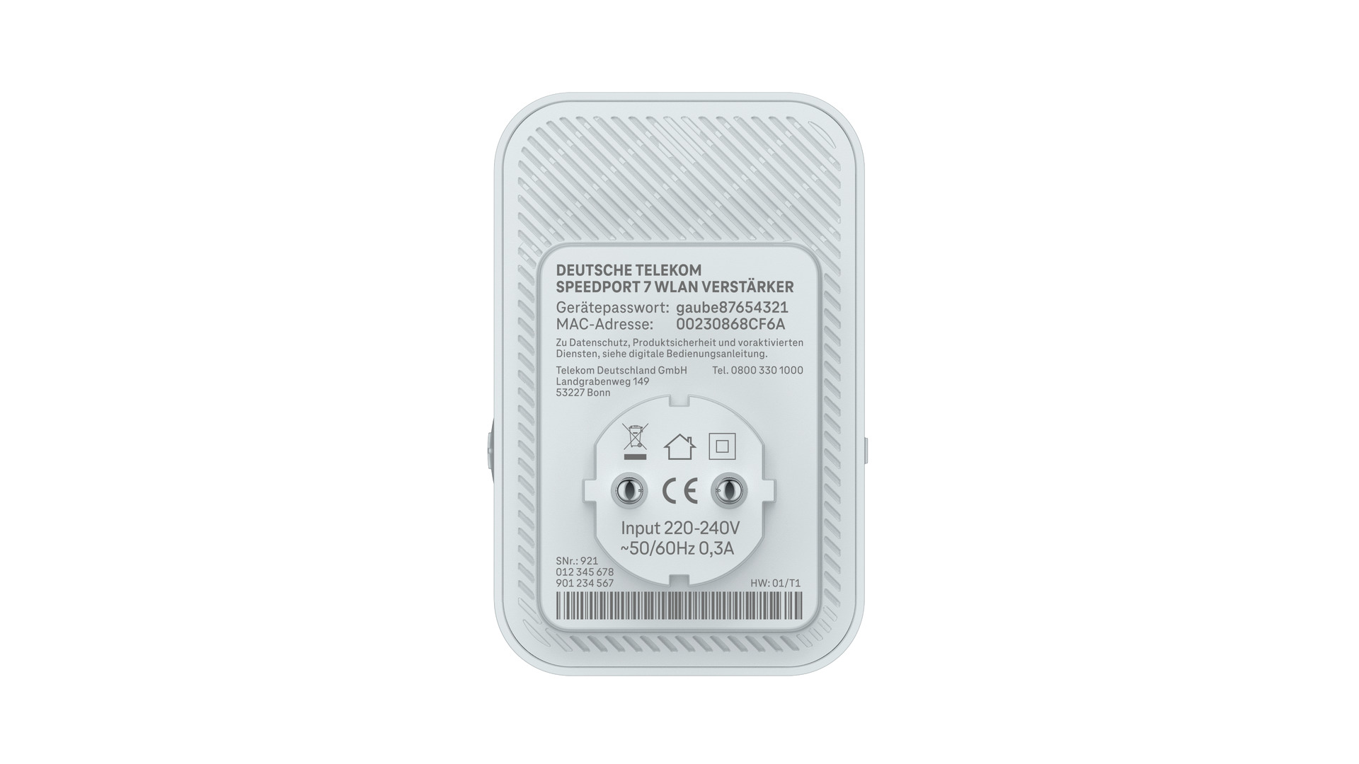 Ein wei&szlig;er Telekom Speedport 7 WLAN Verst&auml;rker mit technischen Daten und Kontaktdaten.