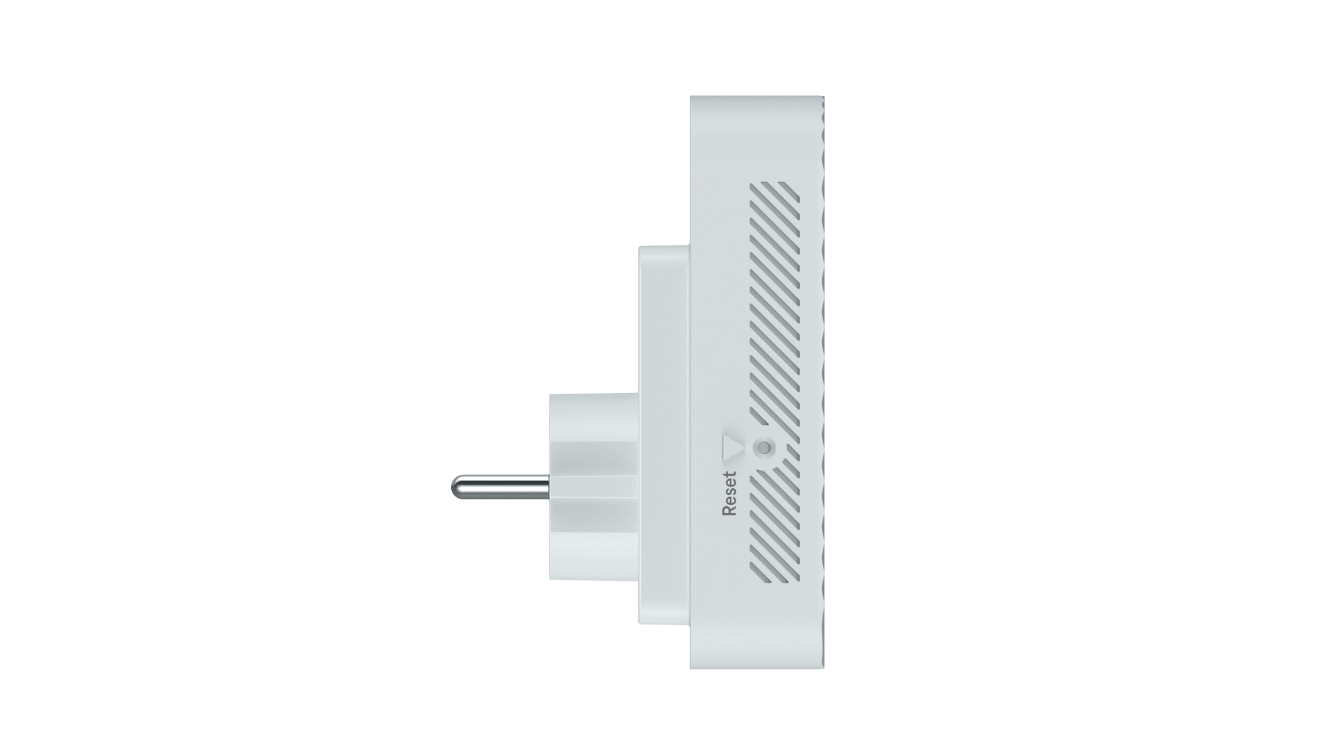 Ein weißer WLAN-Repeater mit Stecker und Reset-Taste auf weißem Hintergrund.