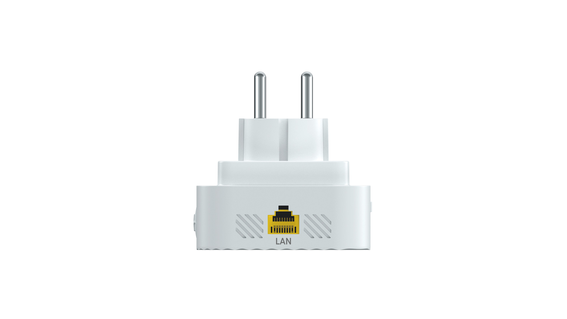 Ein weißer Netzstecker mit zwei silbernen Stiften und einem LAN-Anschluss.
