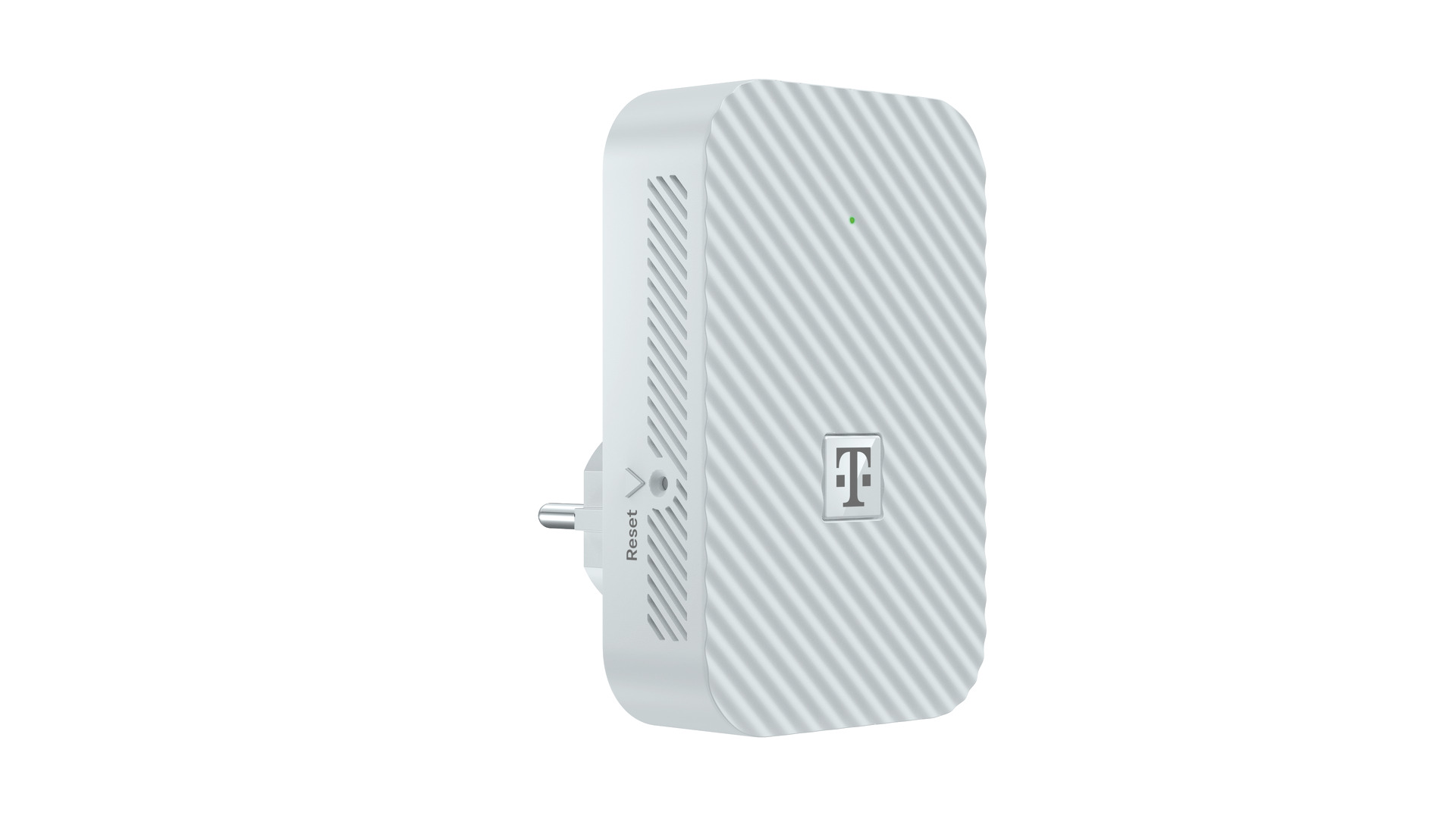 Weißer T-Mobile WLAN-Verstärker mit geriffeltem Muster und Reset-Taste.