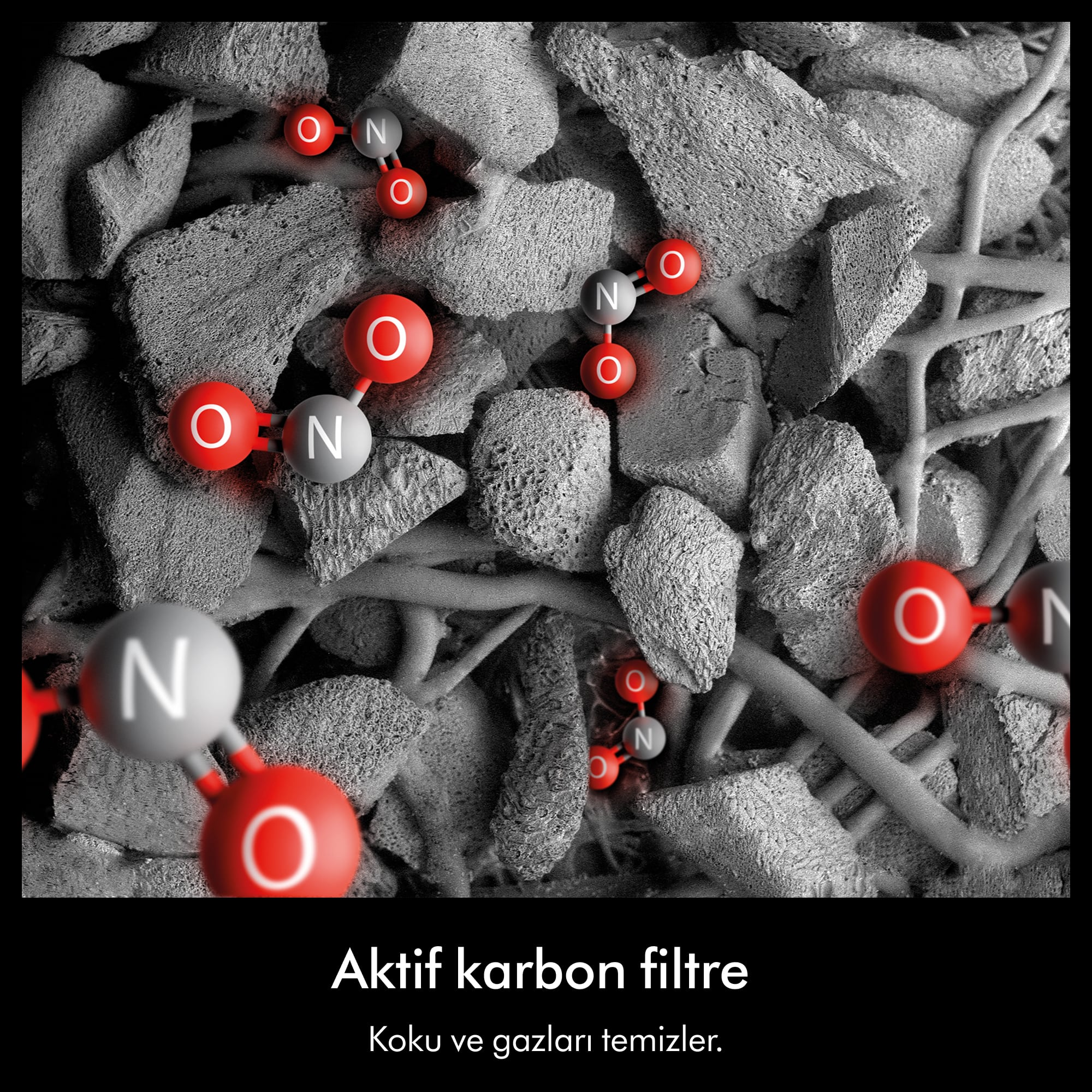 Aktif karbon filtre üzerinde azot monoksit molekülleri ve karbon parçacıkları.