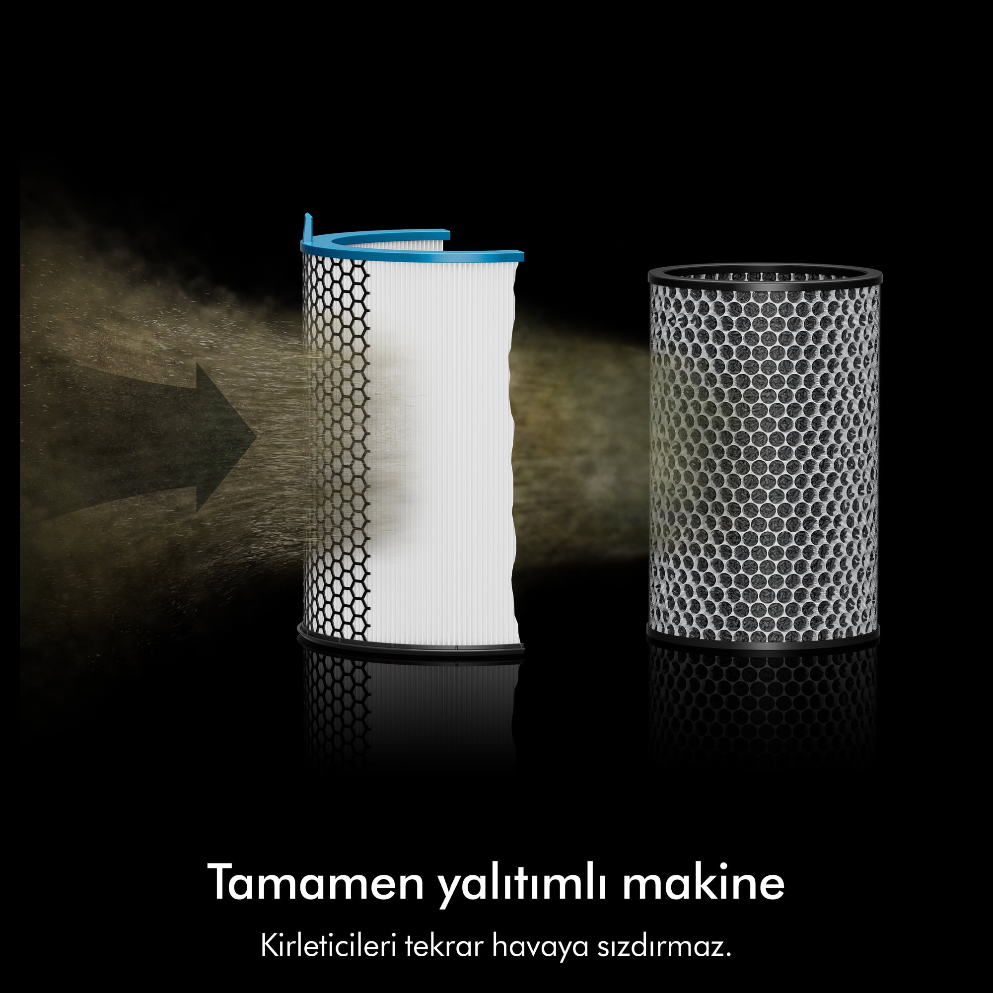 İki hava filtresi: biri temiz, biri kirli, toz bulutu ve ok ile.