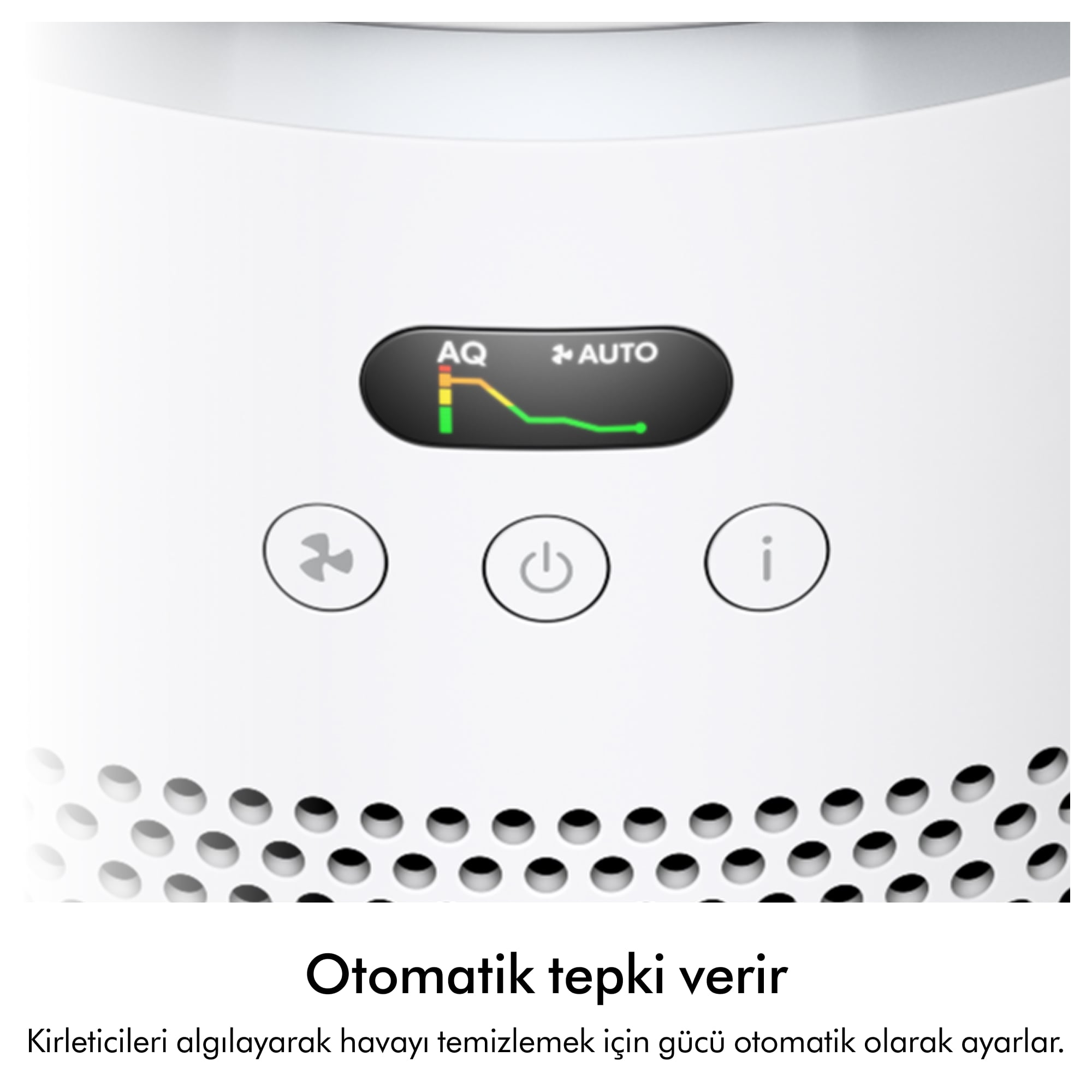 Hava temizleyici ekranı yeşil hava kalitesi grafiği ve simgeler gösterir.