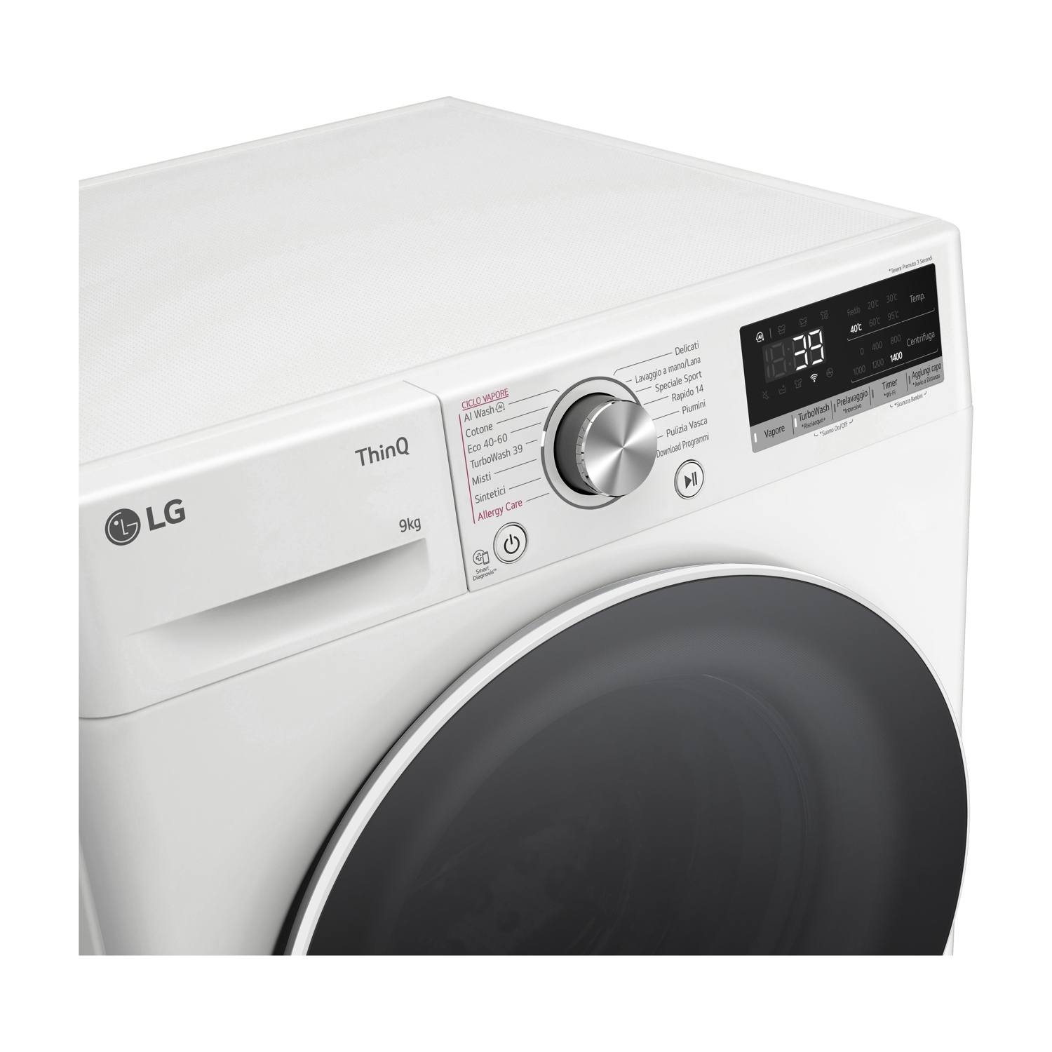Lavatrice LG bianca con display digitale e manopola. Indica capacità 9kg.