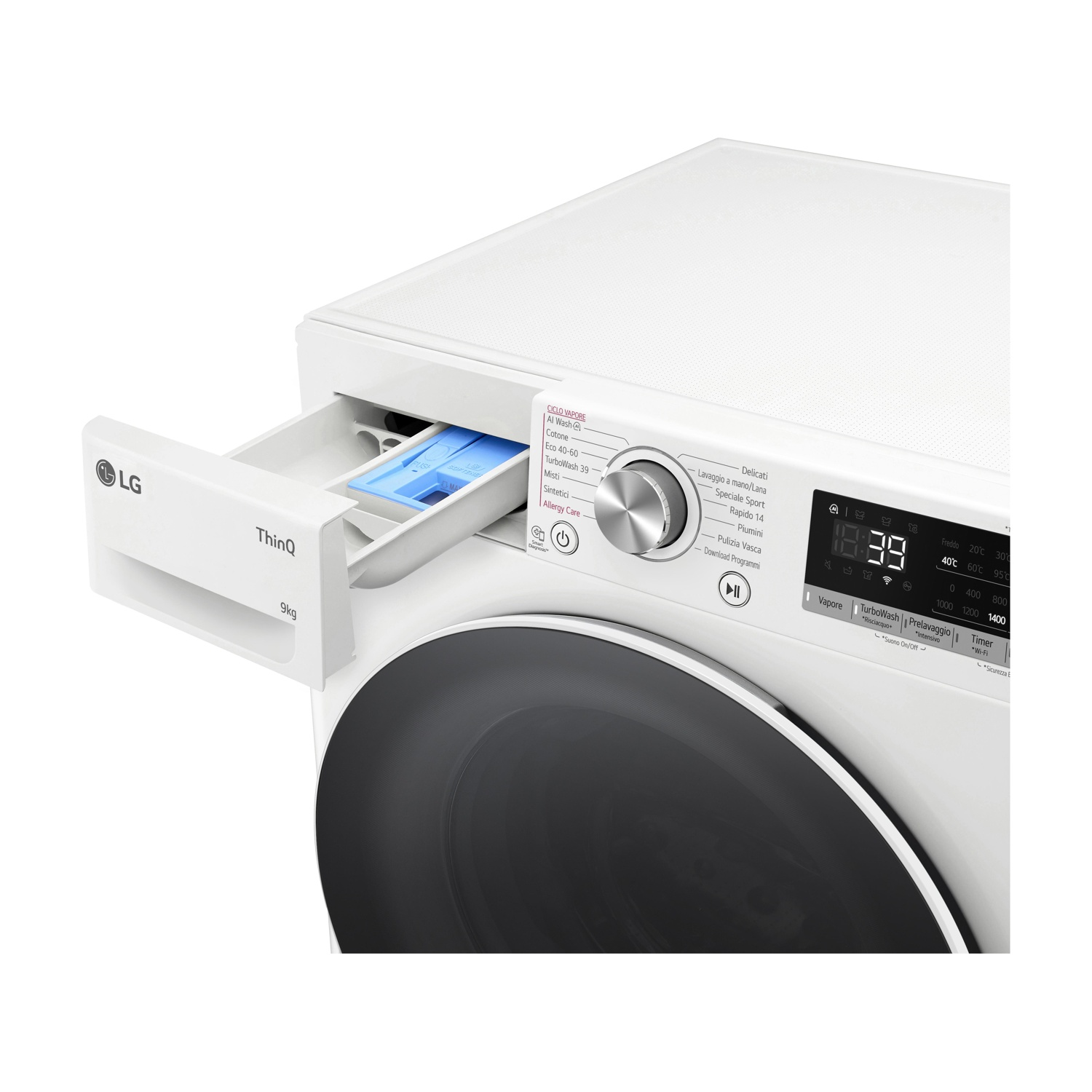 Una lavatrice LG bianca con cassetto detersivo estratto.
