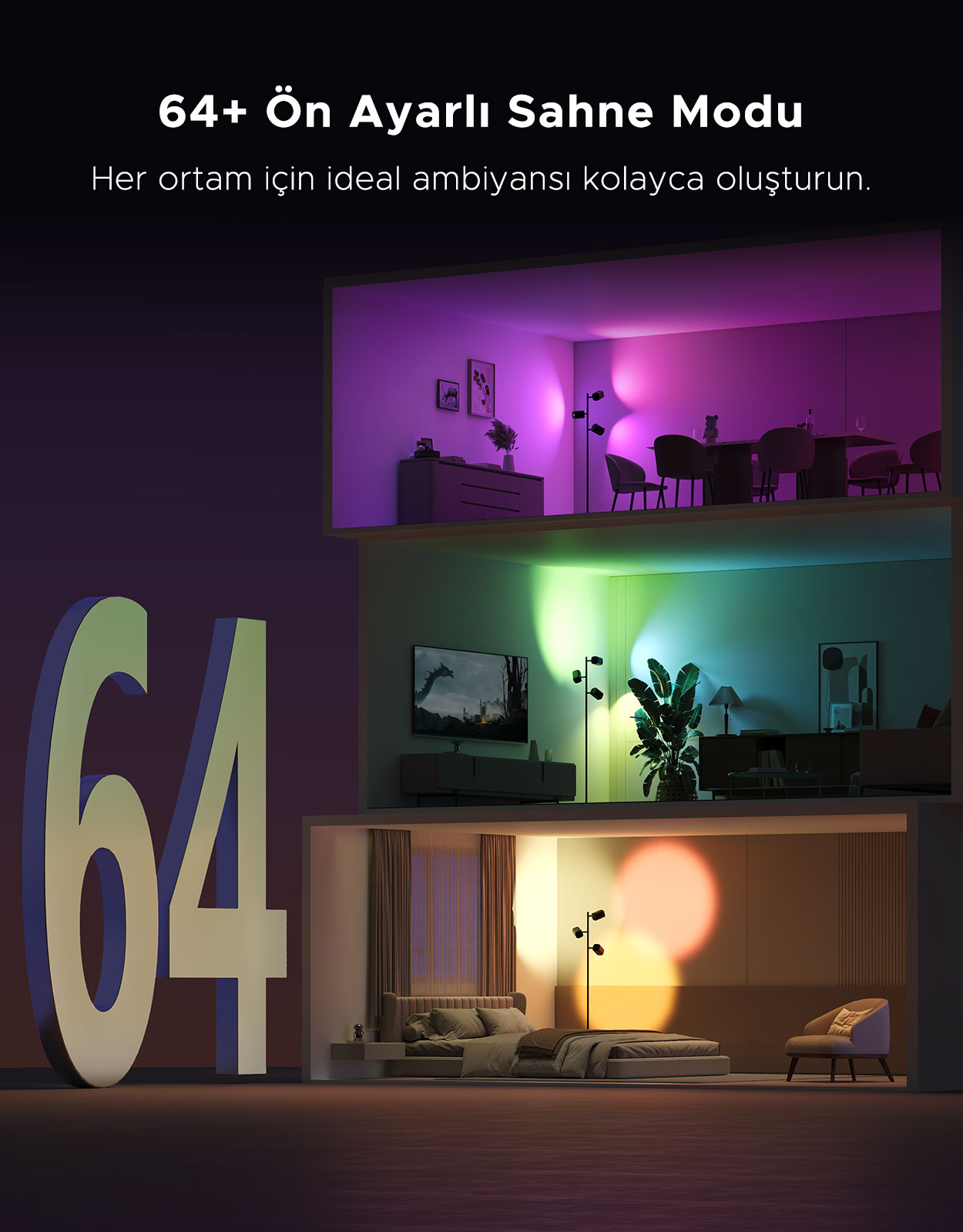 Farklı aydınlatmalı üç oda: oturma odası, yatak odası, yemek odası.