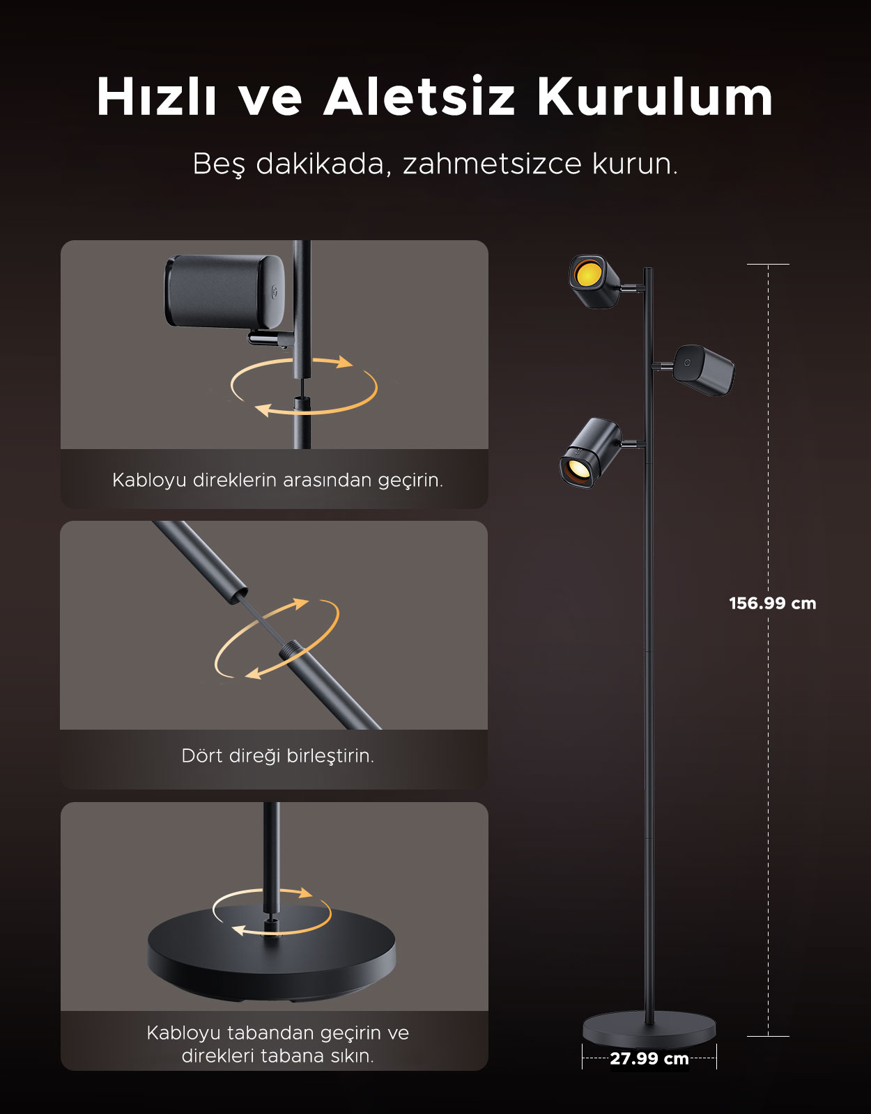 Üç ayarlanabilir ışıklı siyah lambader. Yükseklik 156,99 cm, taban 27,99 cm.