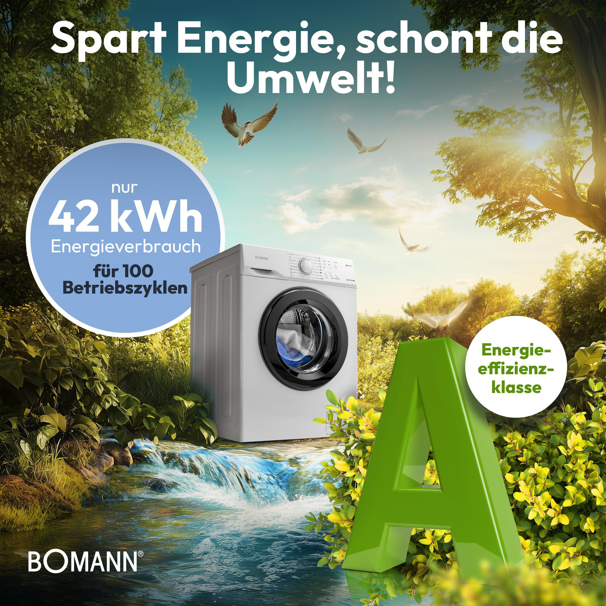 Waschmaschine spart Energie, mit Klasse A, vor einem Wasserfall und Bäumen.