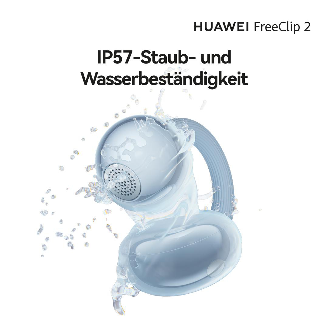 HUAWEI FreeClip 2 mit IP57-Staub- und Wasserbeständigkeit, umgeben von Wasserspritzern.