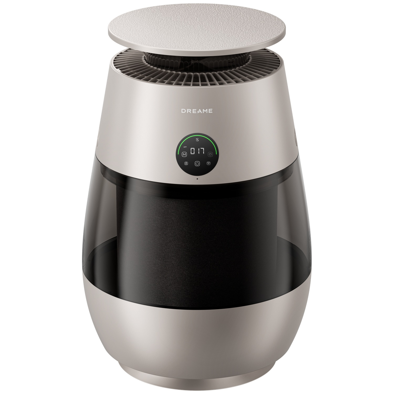 Silver air purifier with digital display and black tank.