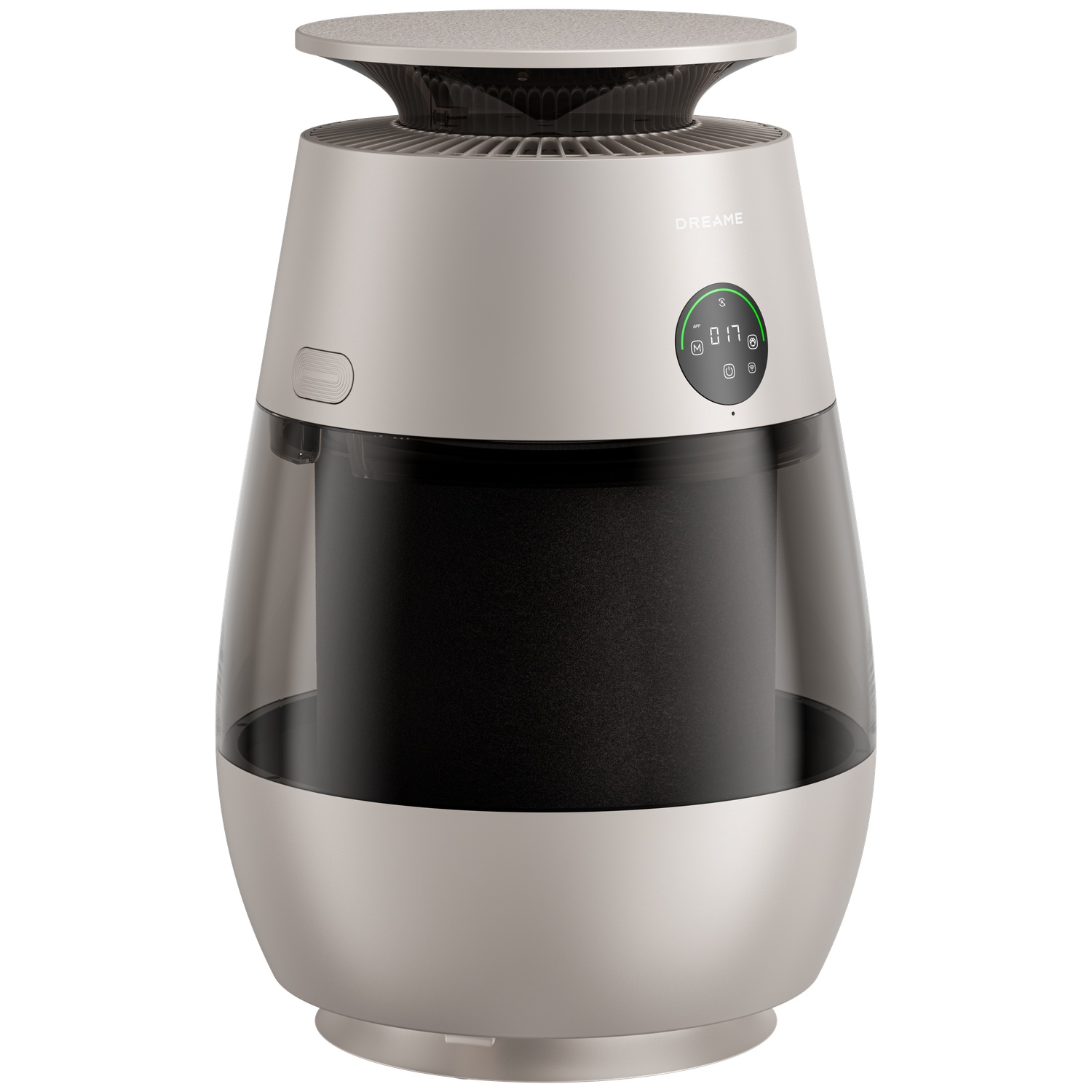 A sleek, silver air purifier with a transparent tank and digital display.
