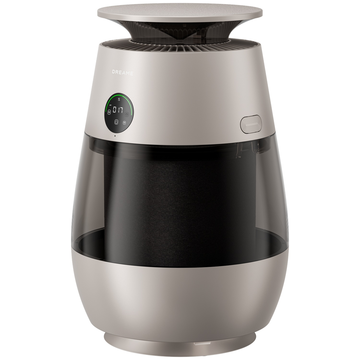 A modern, beige air purifier with a digital display, on a white background.