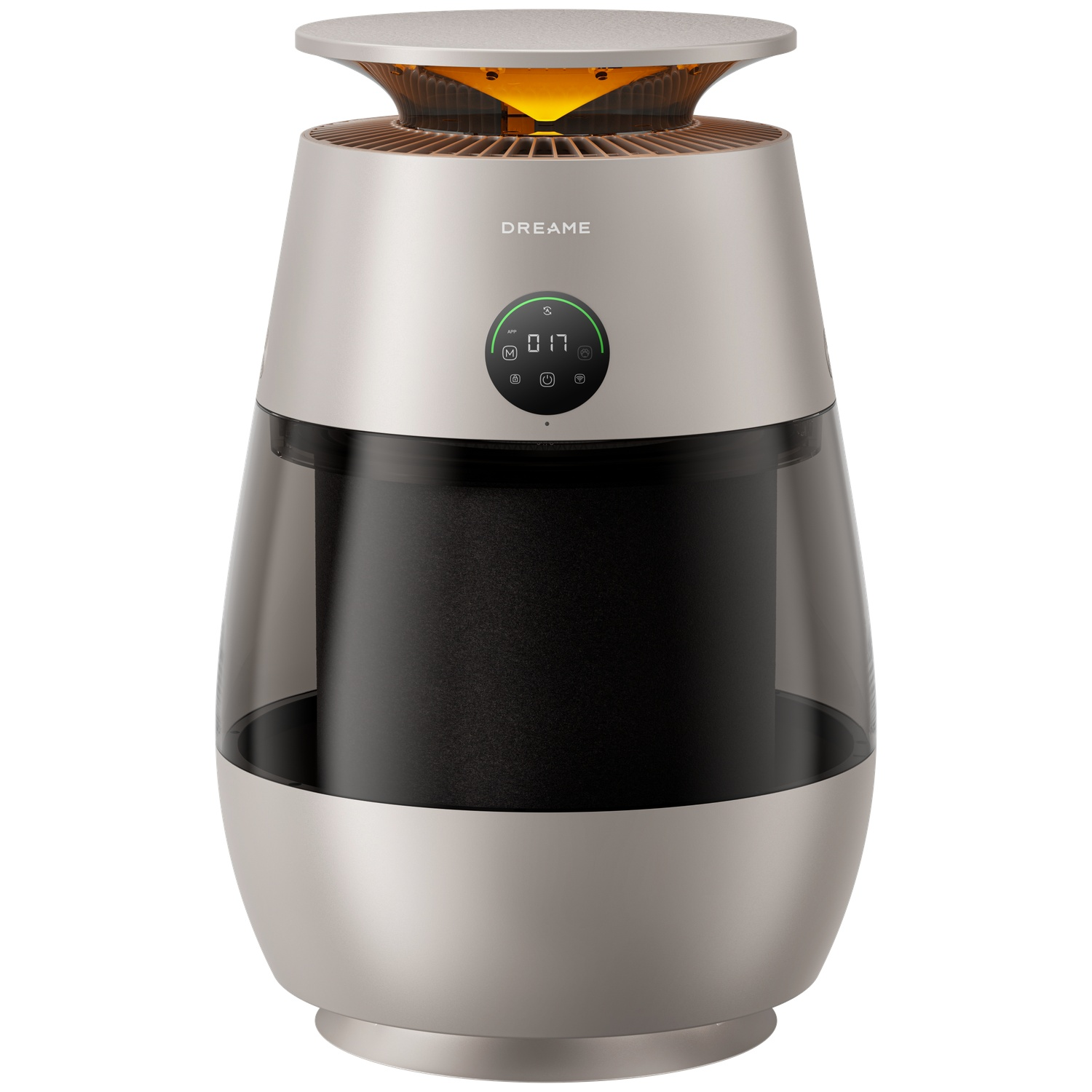 A round, gold-colored air purifier with a black tank and digital display.