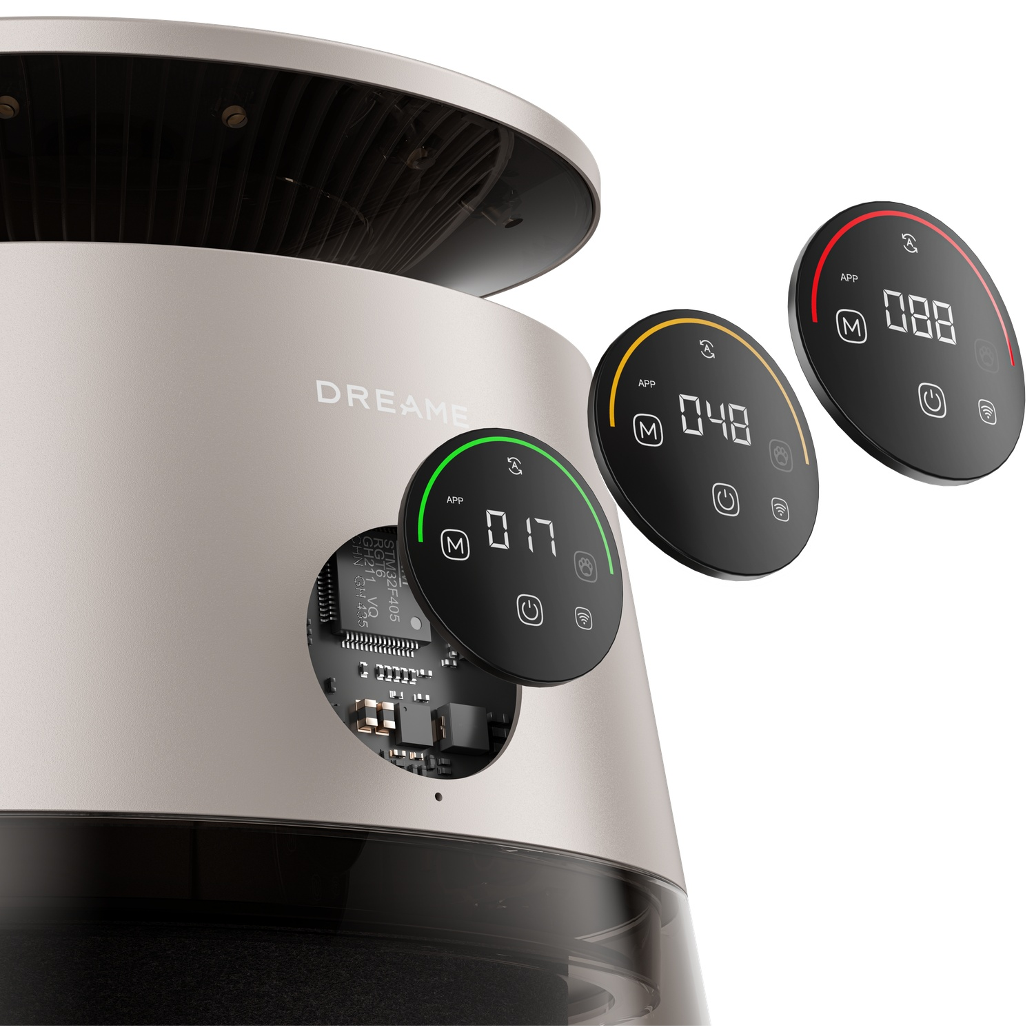 Device with three digital displays showing APP, time, and icons.